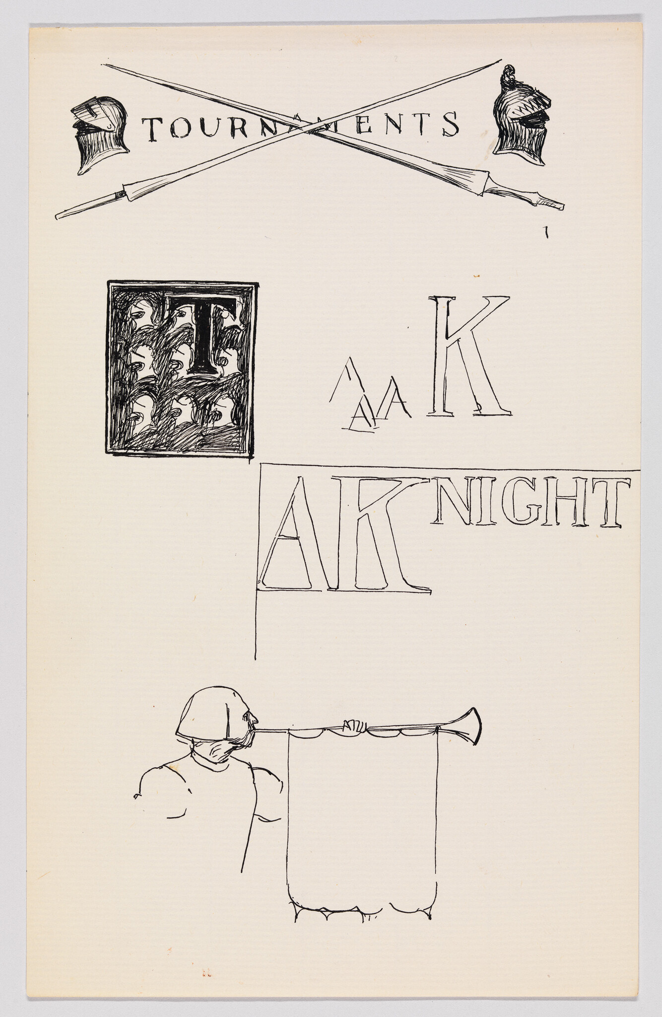 Decorative medieval tournament sketch showing crossed lances, helmets, letters, and a trumpeter.