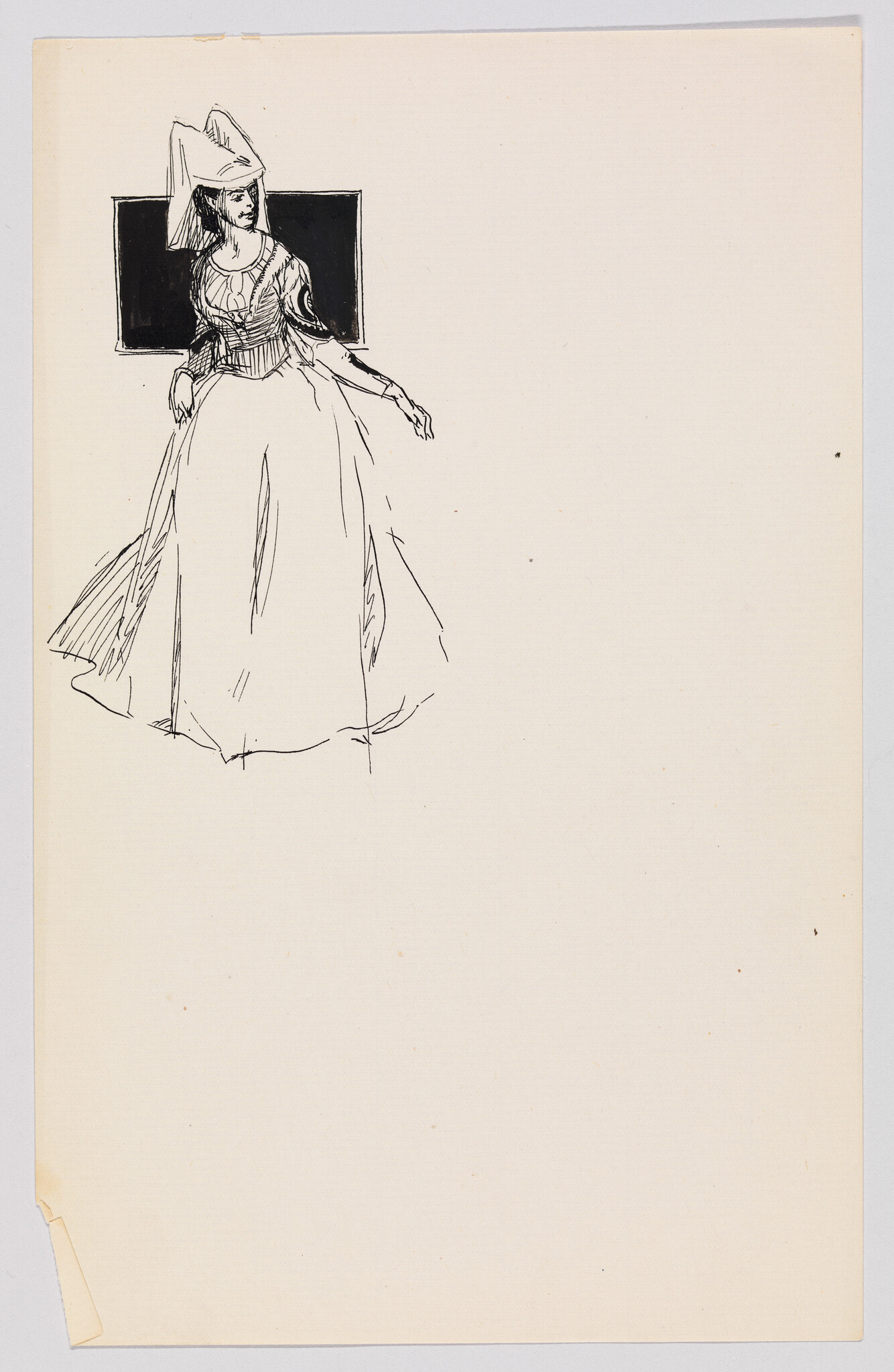 A woman in a long historical dress and tall hat stands beside a dark rectangle.