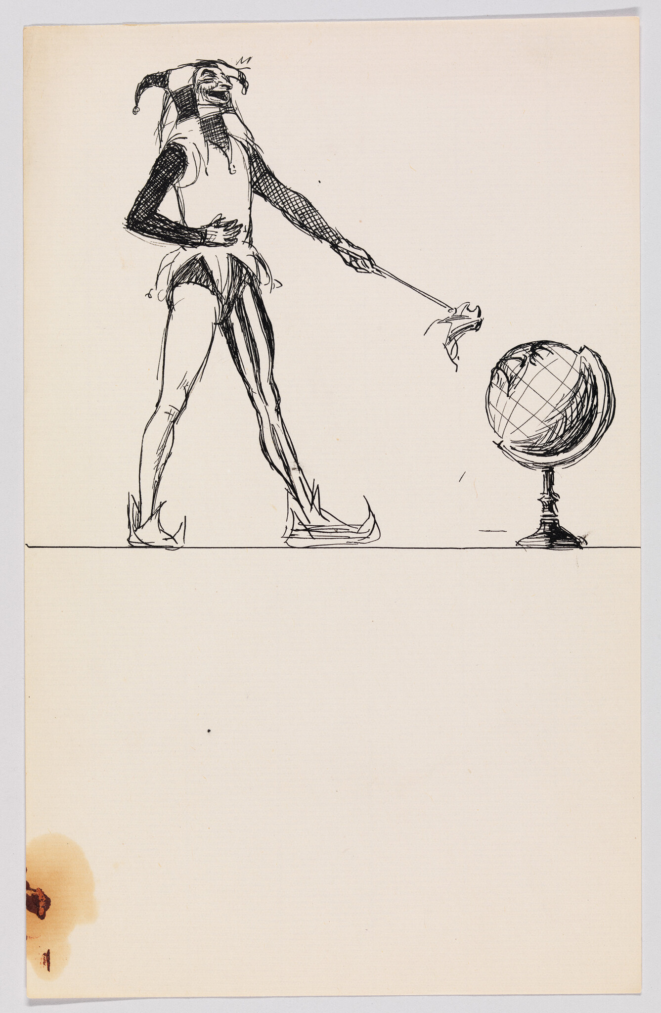 A jester wearing a hat and striped leggings points a wand toward a standing globe.