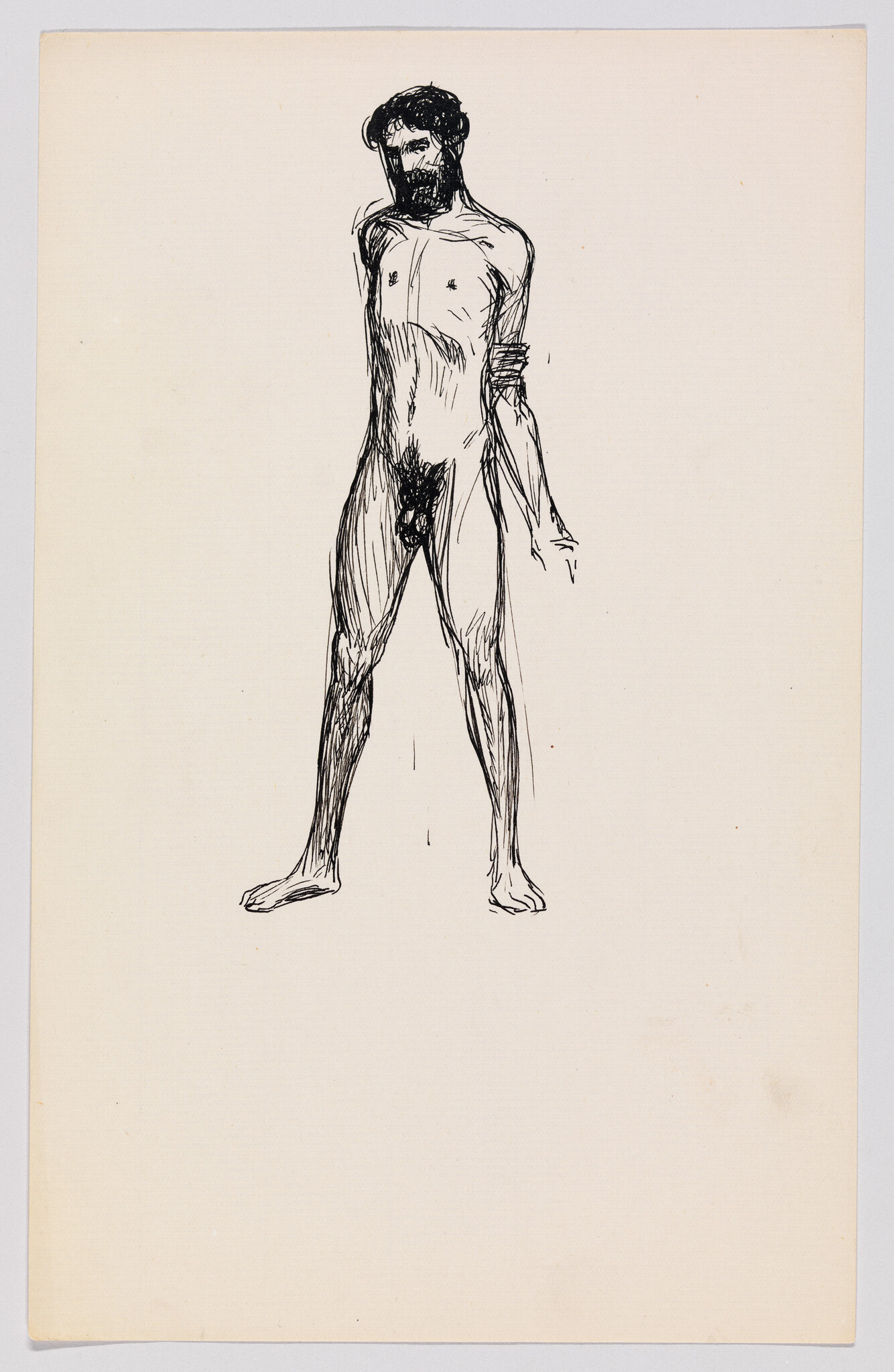 Naked bearded man standing upright with arms by his sides drawn in loose black ink.