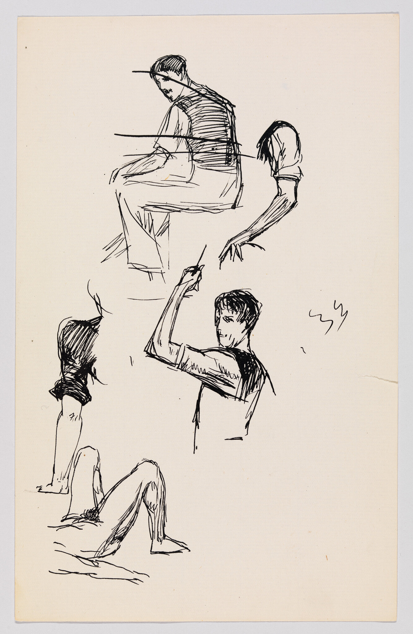 Multiple quick ink sketches of a man in different seated, reclining, and arm-raising poses.