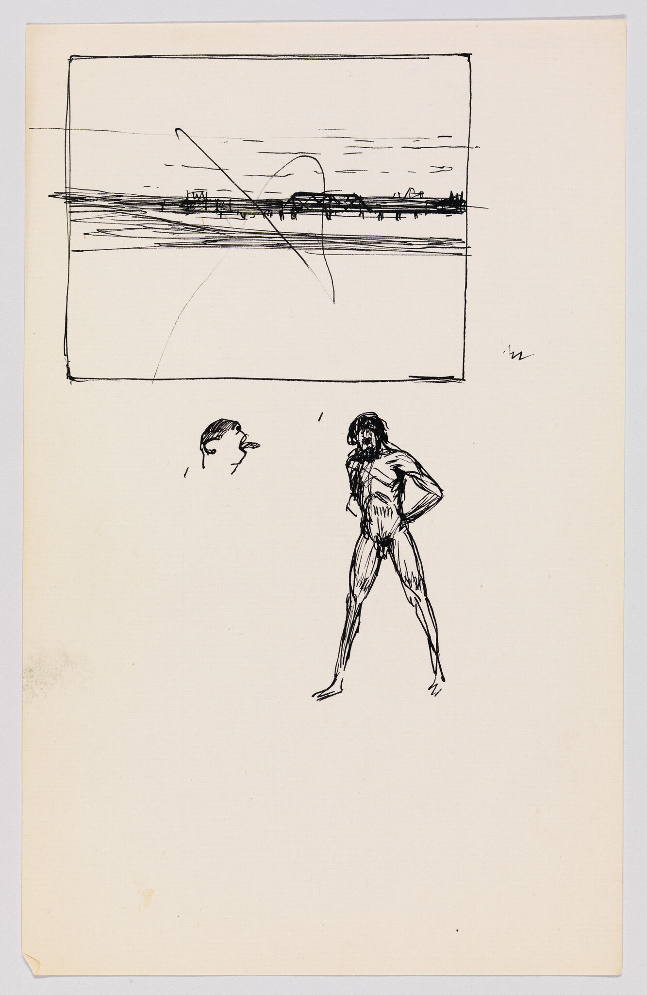 A pen sketch shows a standing nude man with hands on hips beneath a landscape study.