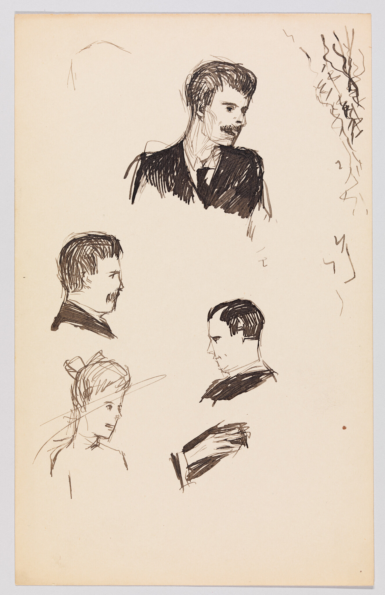 Several quick ink sketches show men and a woman in profile along with a drawn hand.