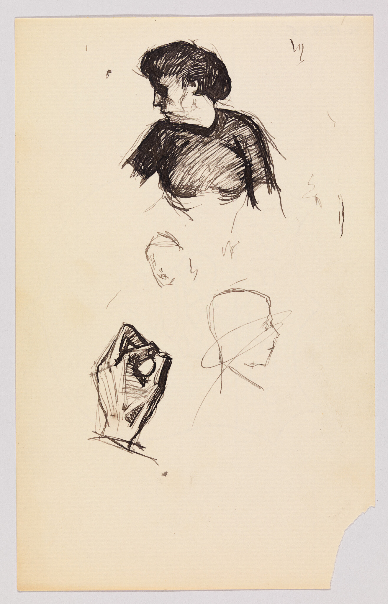 Several quick ink sketches showing a woman’s upper torso and head, a hand, and a hat profile.