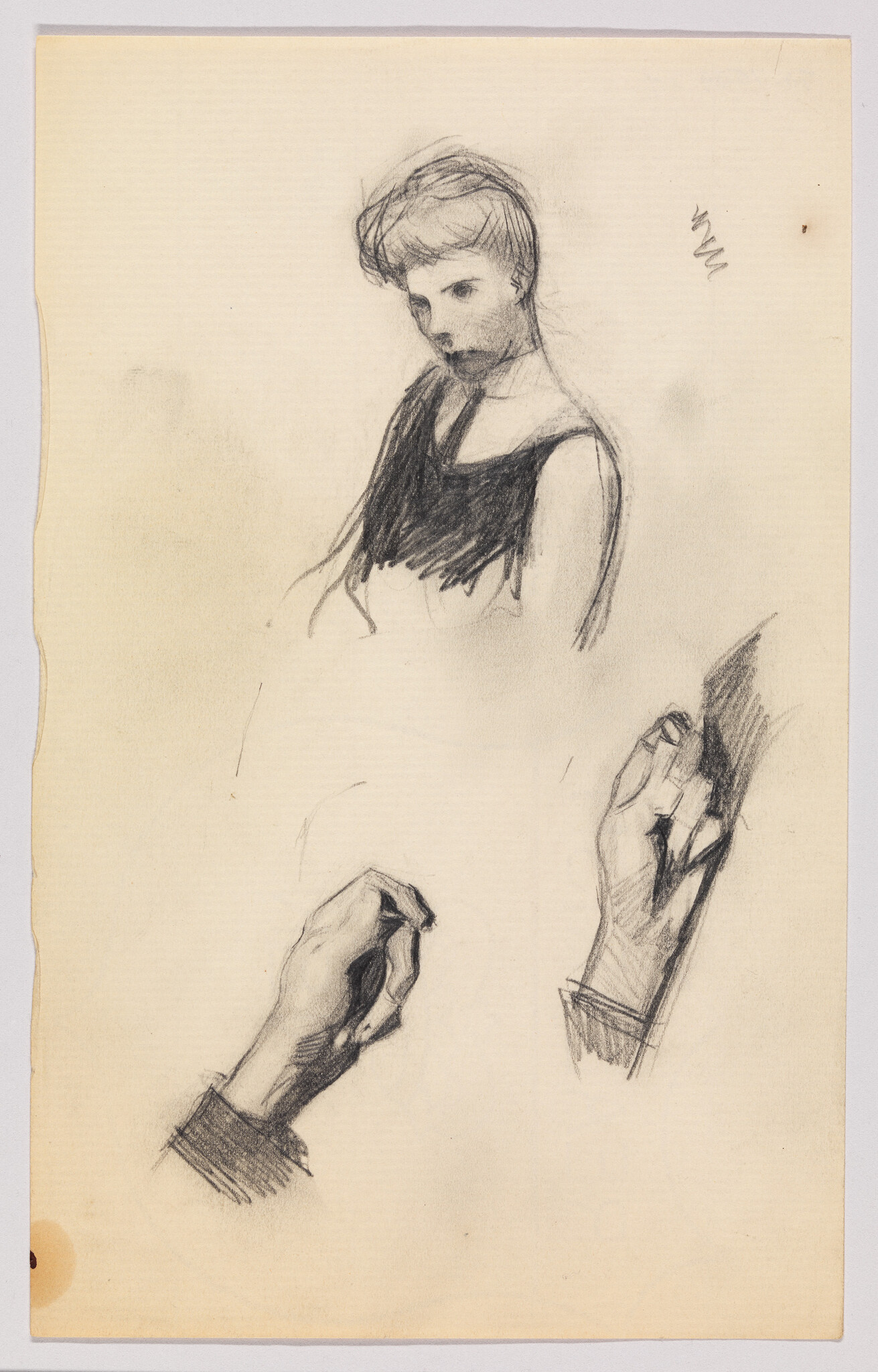 Sketch of a seated woman’s upper body and two detailed studies of hands.
