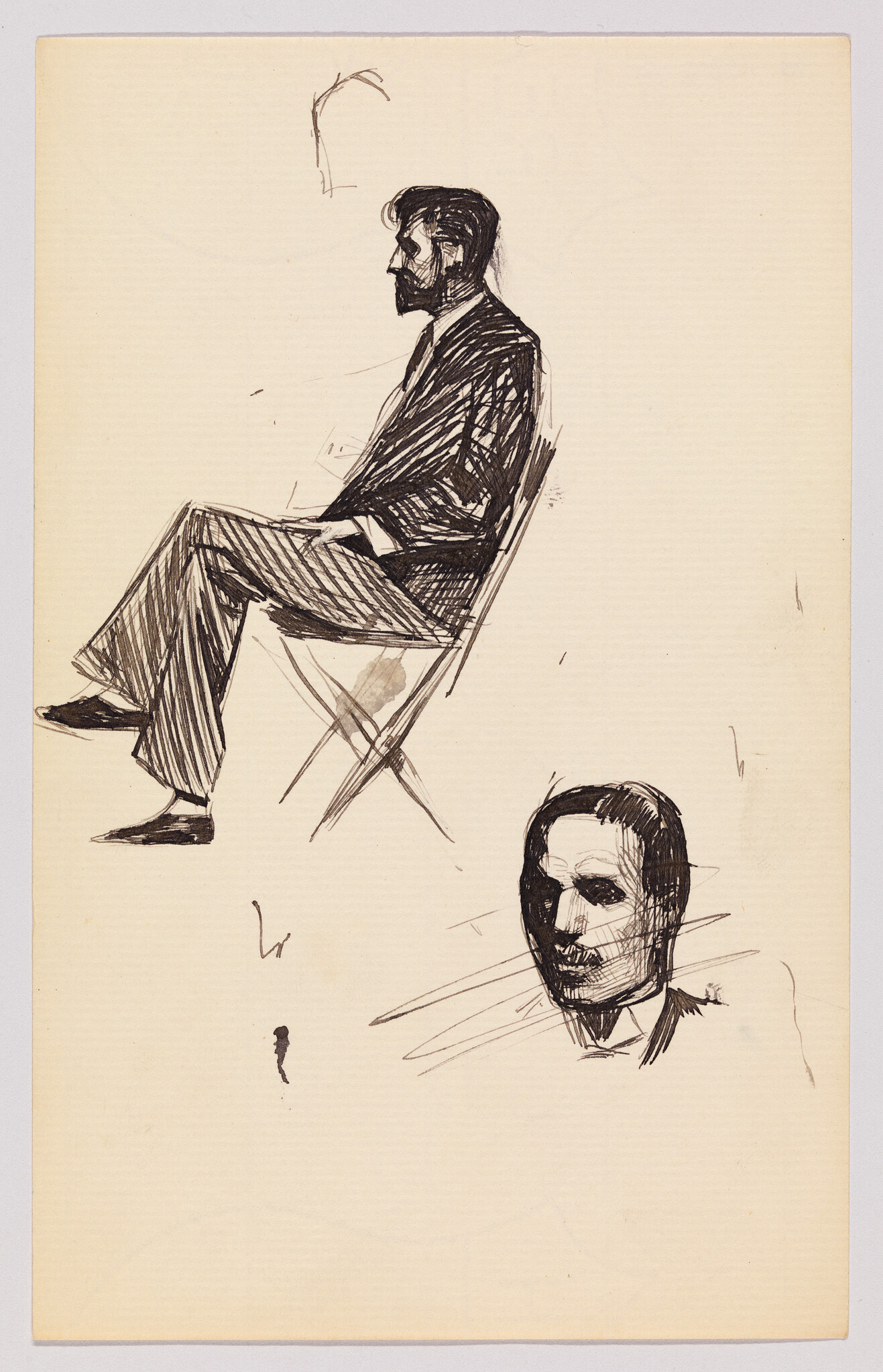 A pen sketch showing a bearded man sitting on a folding chair and a separate head study.