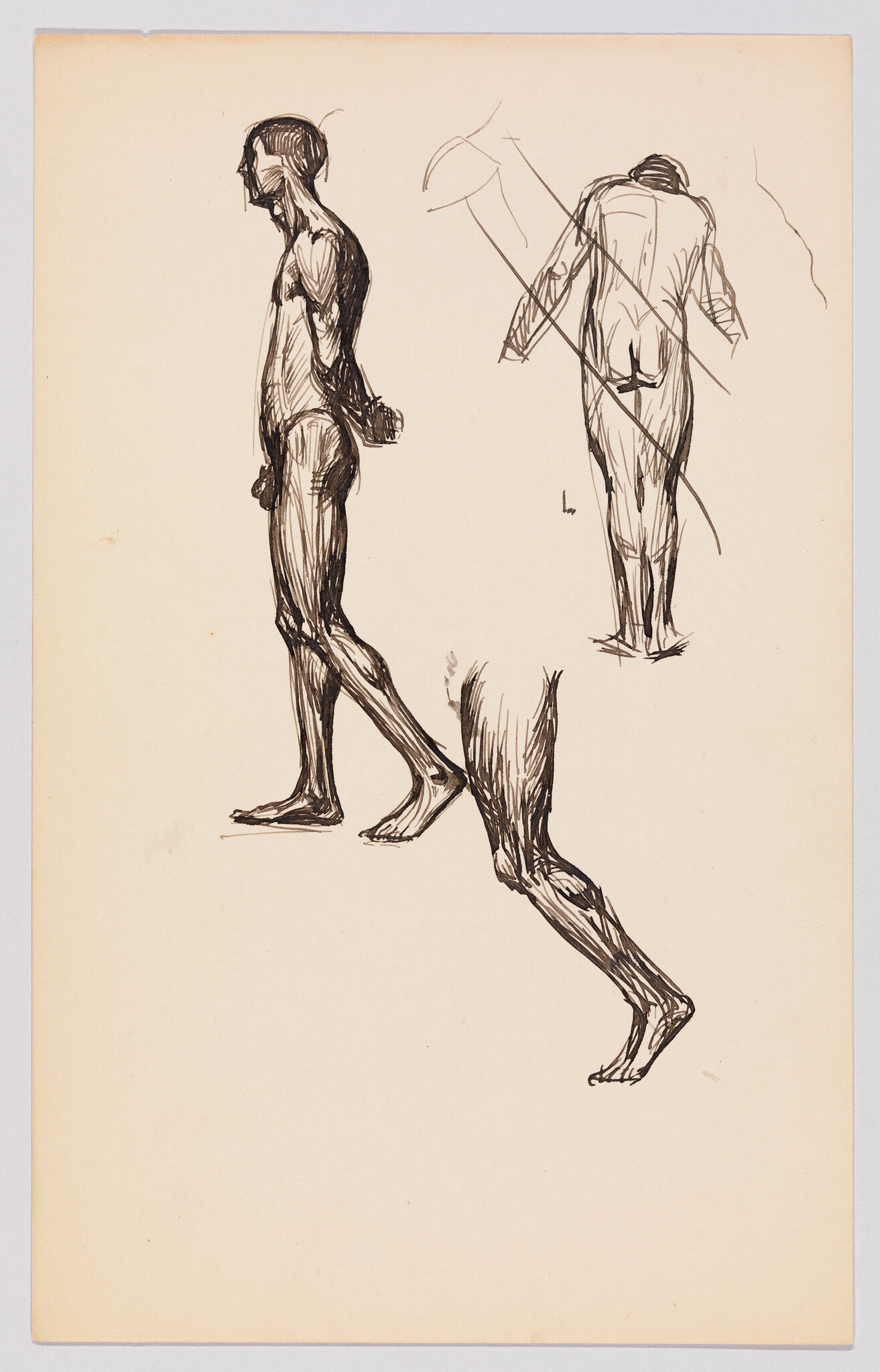Three ink figure studies show a standing man, a bent-over back view, and walking legs.