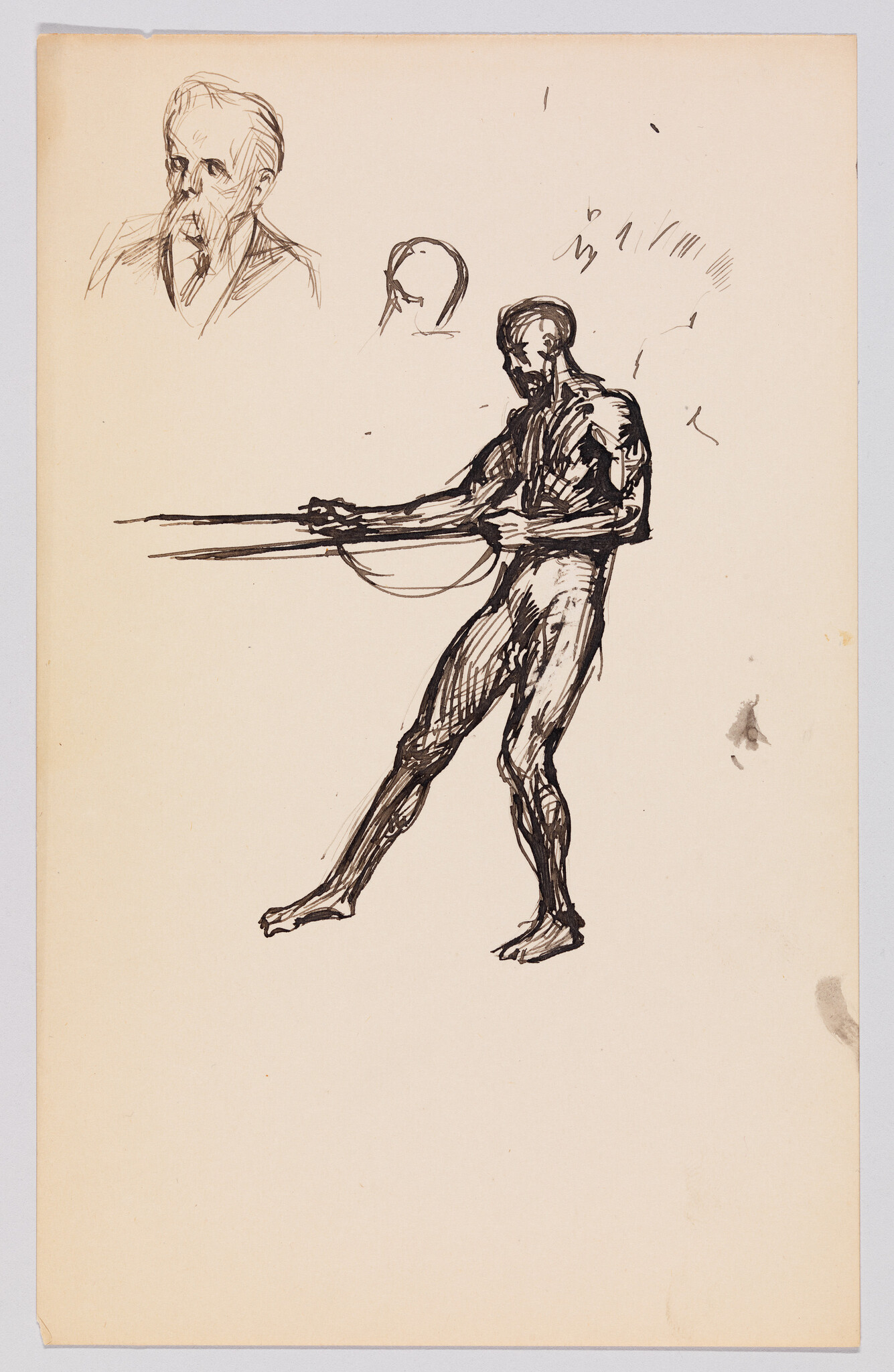 A pen sketch shows a muscular man straining to pull two ropes while head studies appear above.