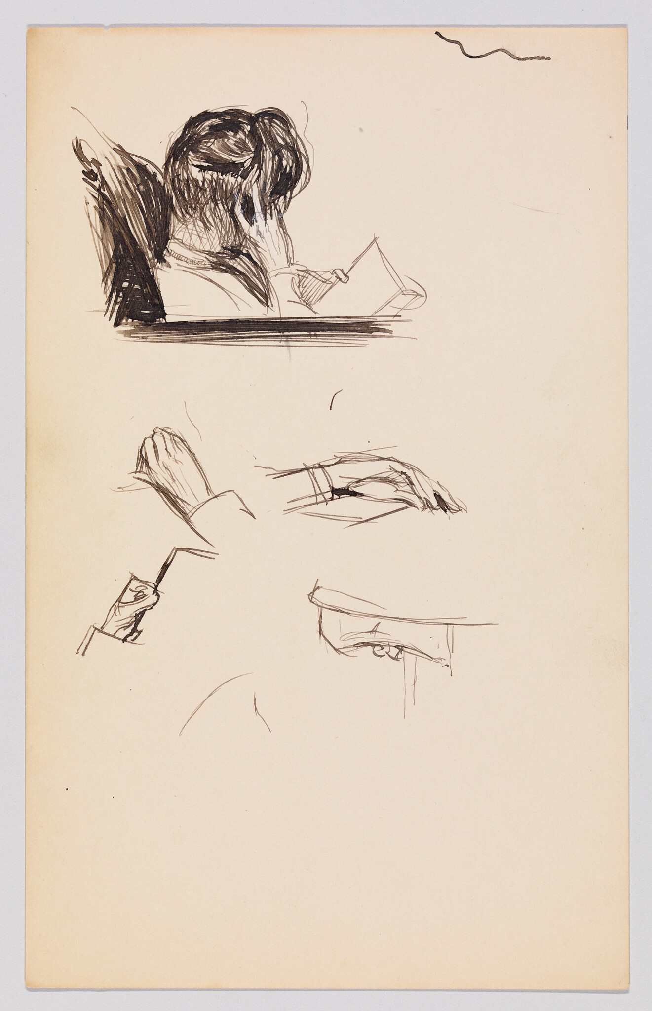 A sketch on a beige paper featuring a person with their head resting on their hand, appearing to be reading or writing, at the top. Below are fragmented studies of hands holding various objects, and a partial sketch of a table or shelf. The lines are loose and expressive, suggesting the artist's focus on capturing gestures and forms quickly.
