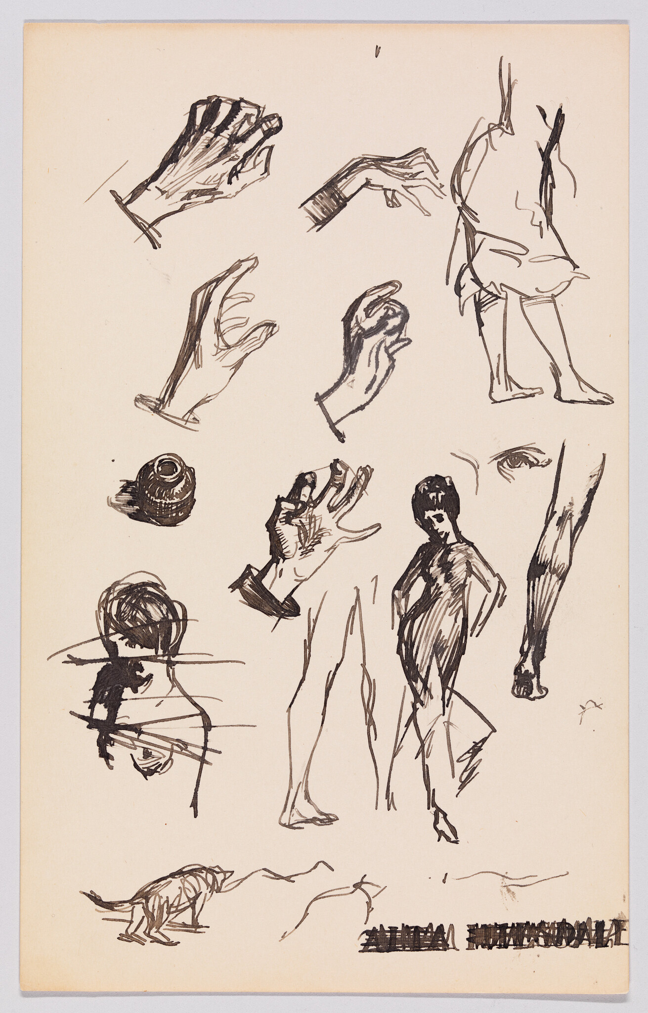 Multiple quick ink sketches of hands, human figures, legs, and a small dog on paper.