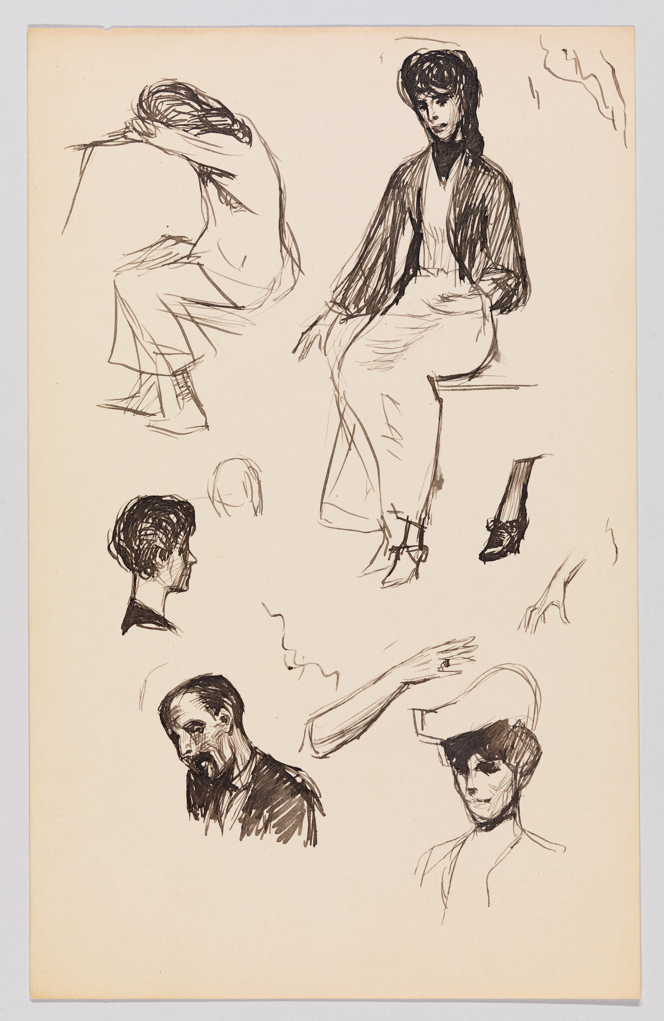 A sketch page with various ink drawings including a prominent figure of a person seated in a relaxed pose, several studies of heads and faces, and a few abstract lines and shapes. The artwork has a loose, expressive style and is drawn on beige paper.