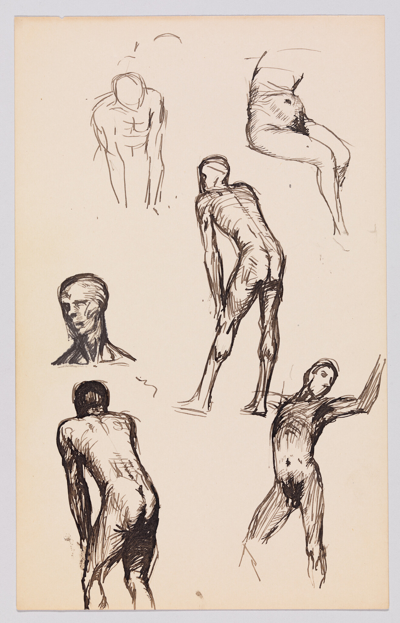 Several quick ink sketches show male nude figures in various standing and leaning poses.