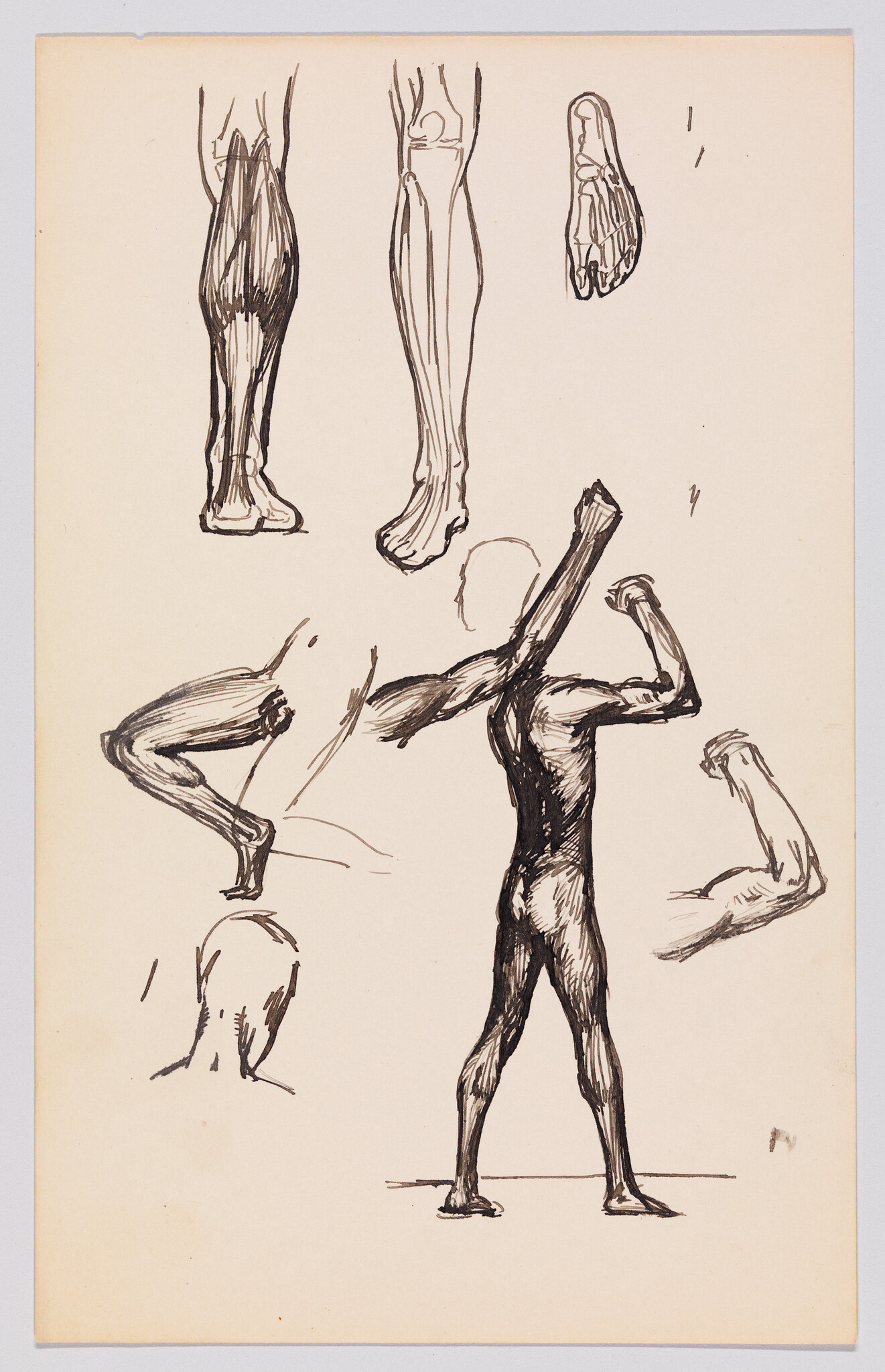 Standing male figure with arms raised surrounded by sketches of legs, feet, and arms.