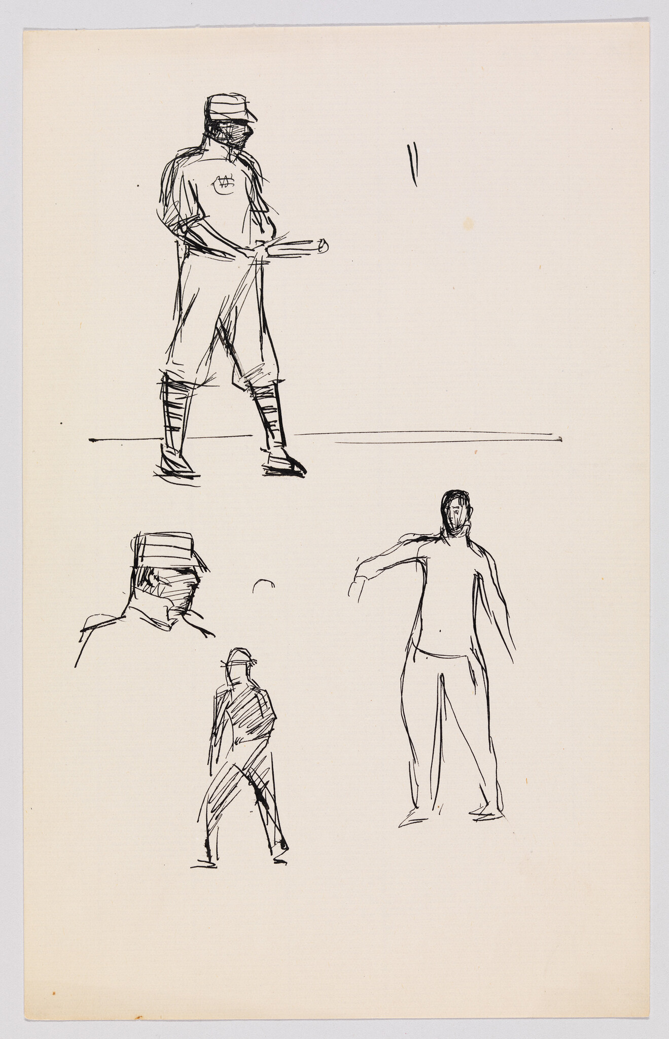 Several quick ink sketches of standing baseball players, one holding a bat and others in various poses.