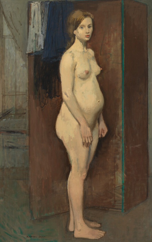 A pregnant woman stands nude beside a folding screen, looking directly at the viewer.