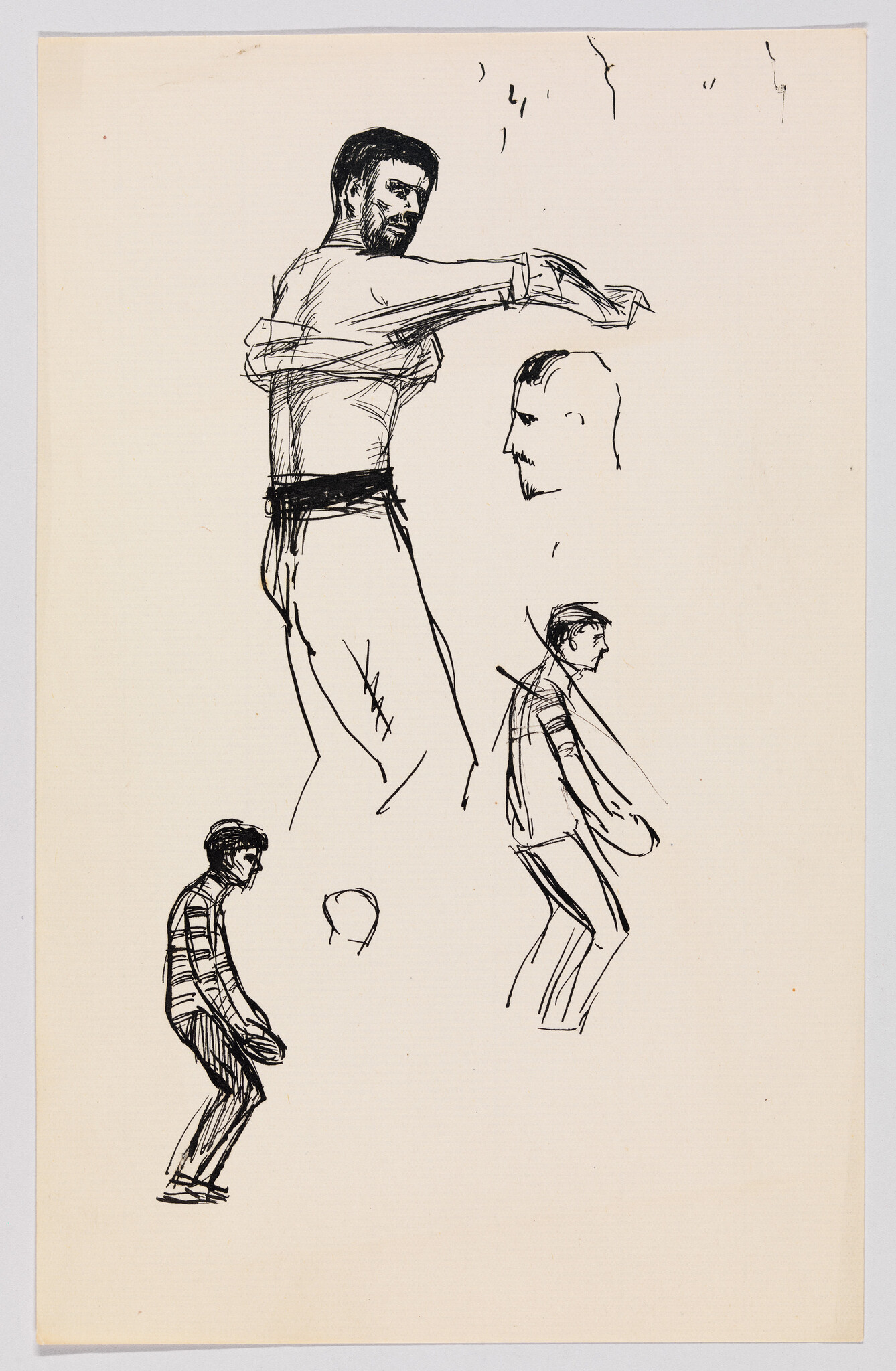 Several quick pen sketches showing men in different standing and reaching poses.