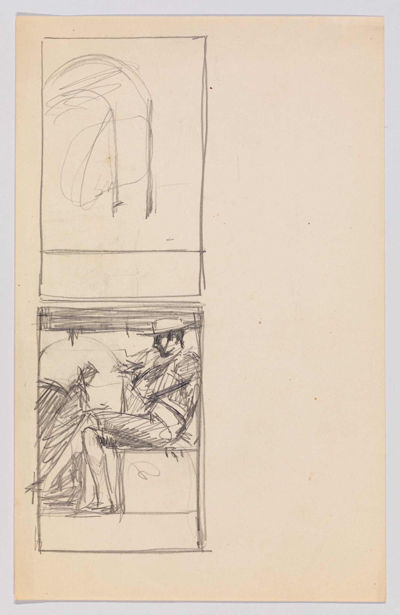 Two people sketched in a vertical panel, one seated wearing a hat and reading.