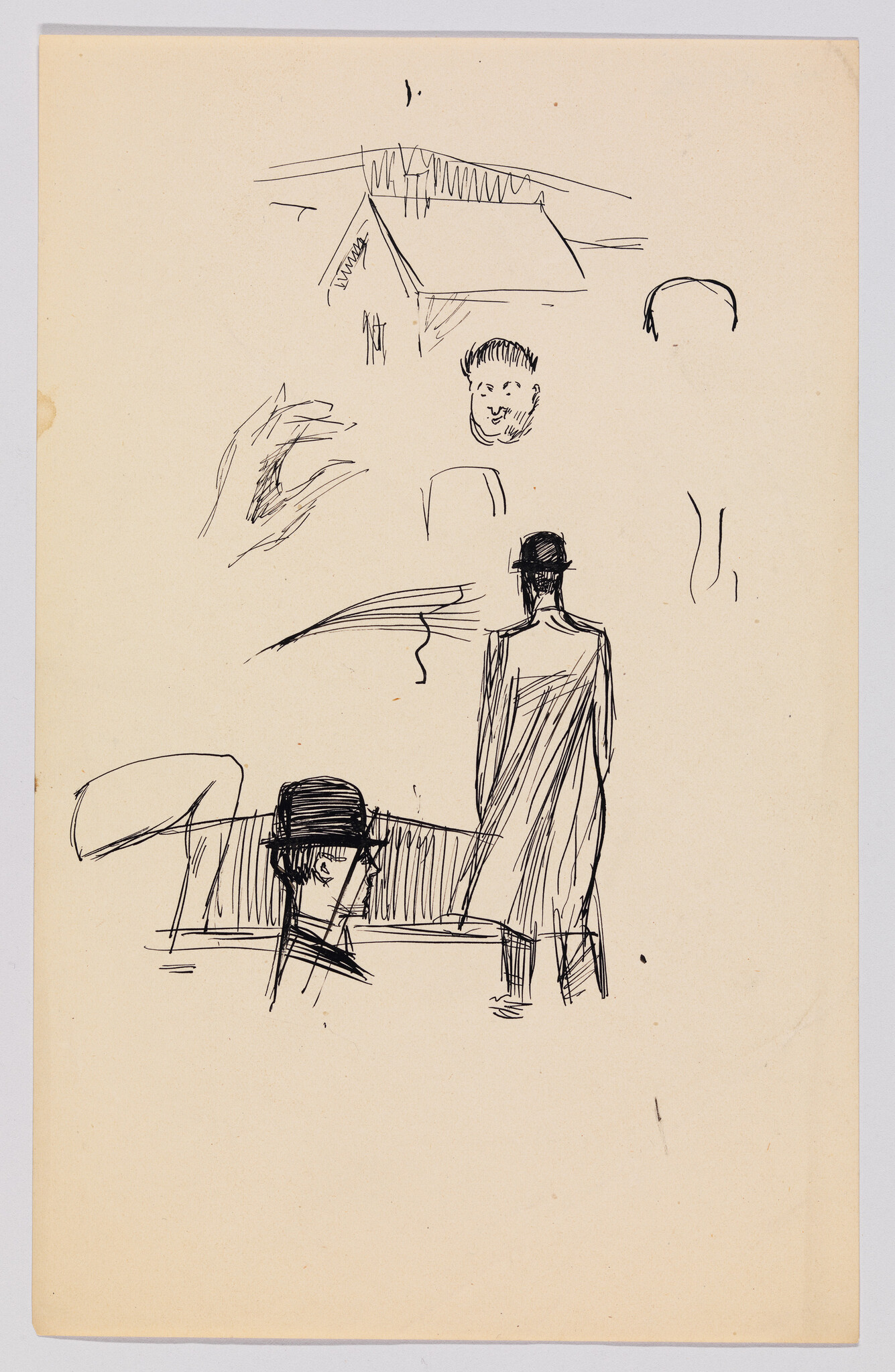 Two men in bowler hats sketched, one seated in a car and one standing nearby.