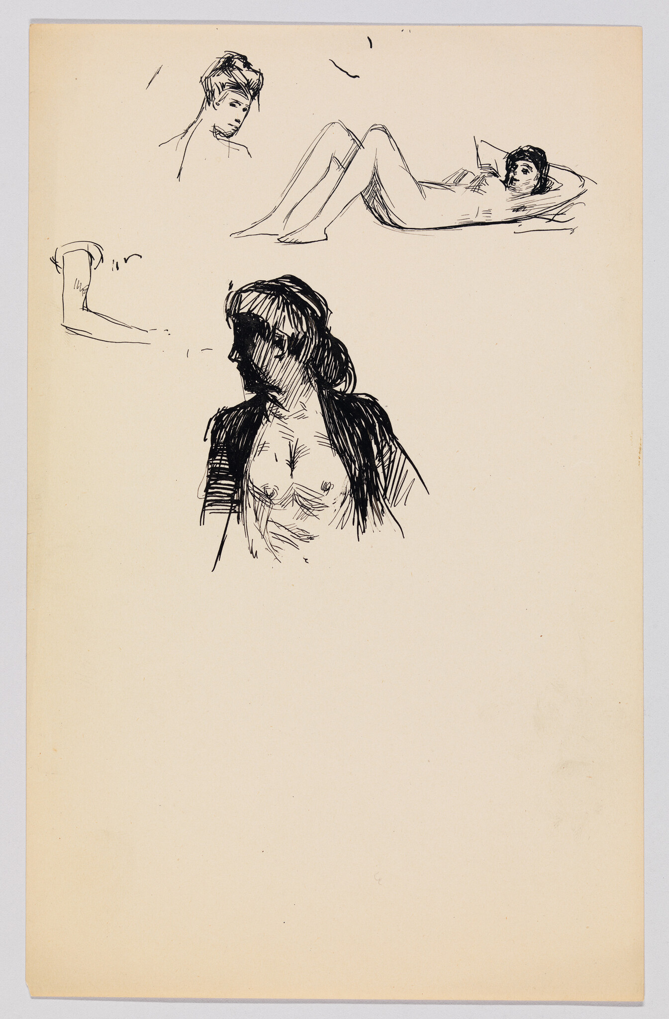 A vintage paper with a collection of ink sketches depicting various human figures and body parts. The top right sketch shows a reclining figure with bent knees, while the top left features a partial face and a separate sketch of a foot. The largest drawing in the center portrays a person from the back with a focus on the upper body. The artwork has a loose, expressive style, and the paper's aged color adds to its antique feel.