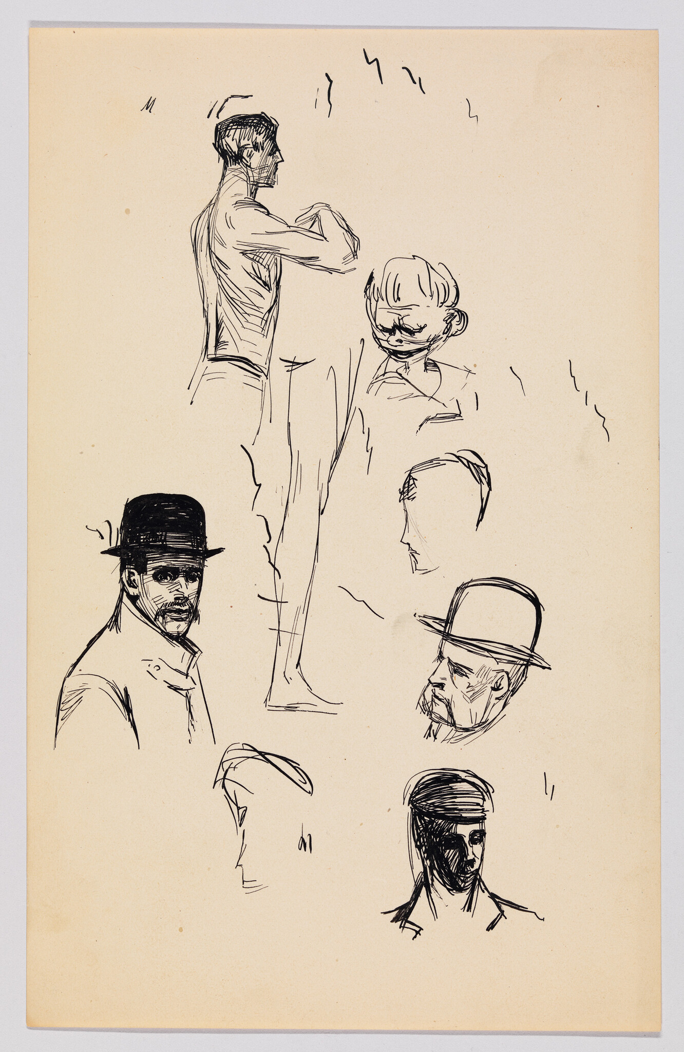 Several ink sketches of men's heads and a standing male figure, some wearing hats.
