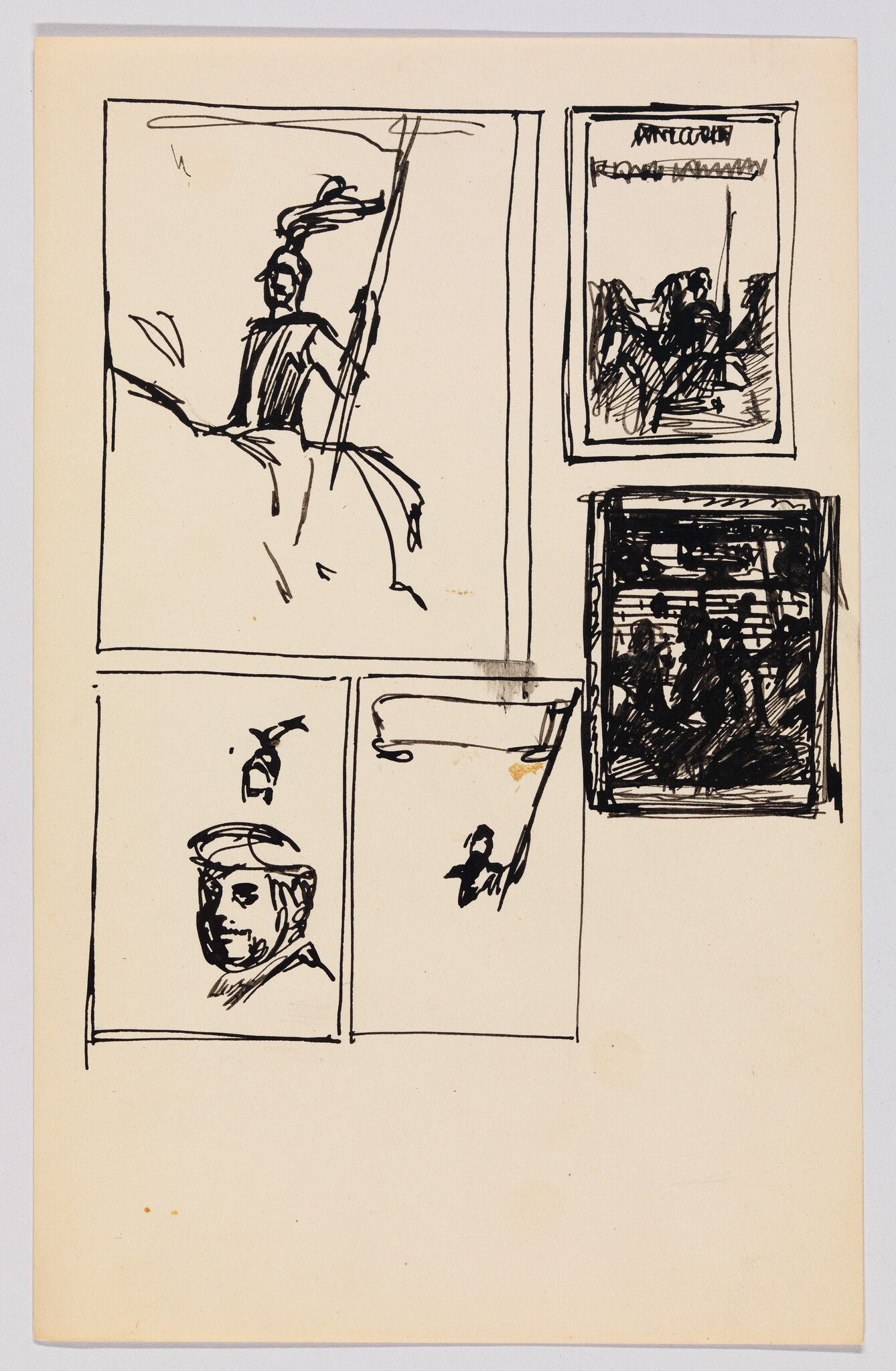 Sketches of a mounted soldier holding a lance, framed scenes, and a small portrait study.