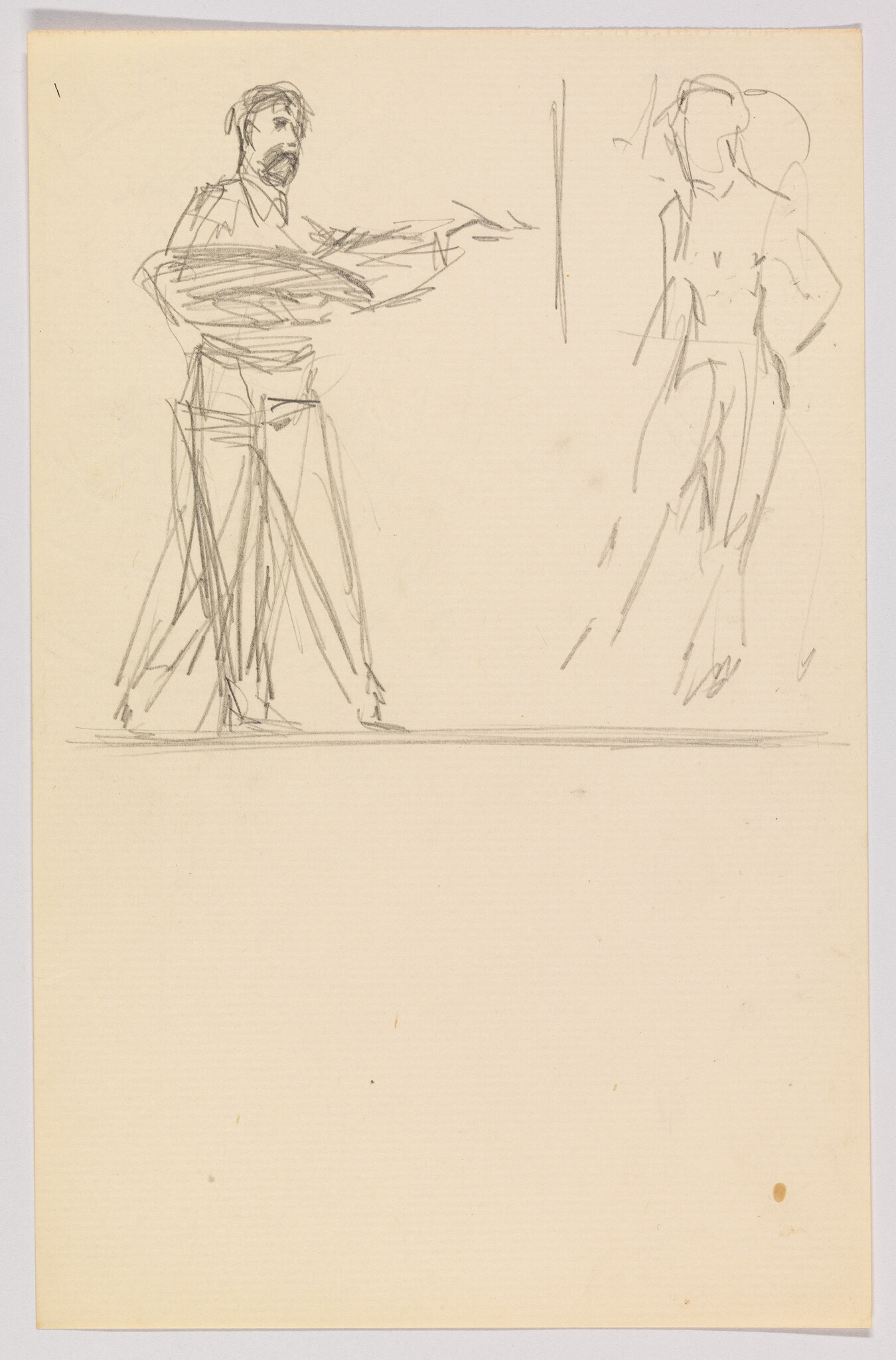 Two rough pencil sketches show a bearded man gesturing toward a standing nude figure.