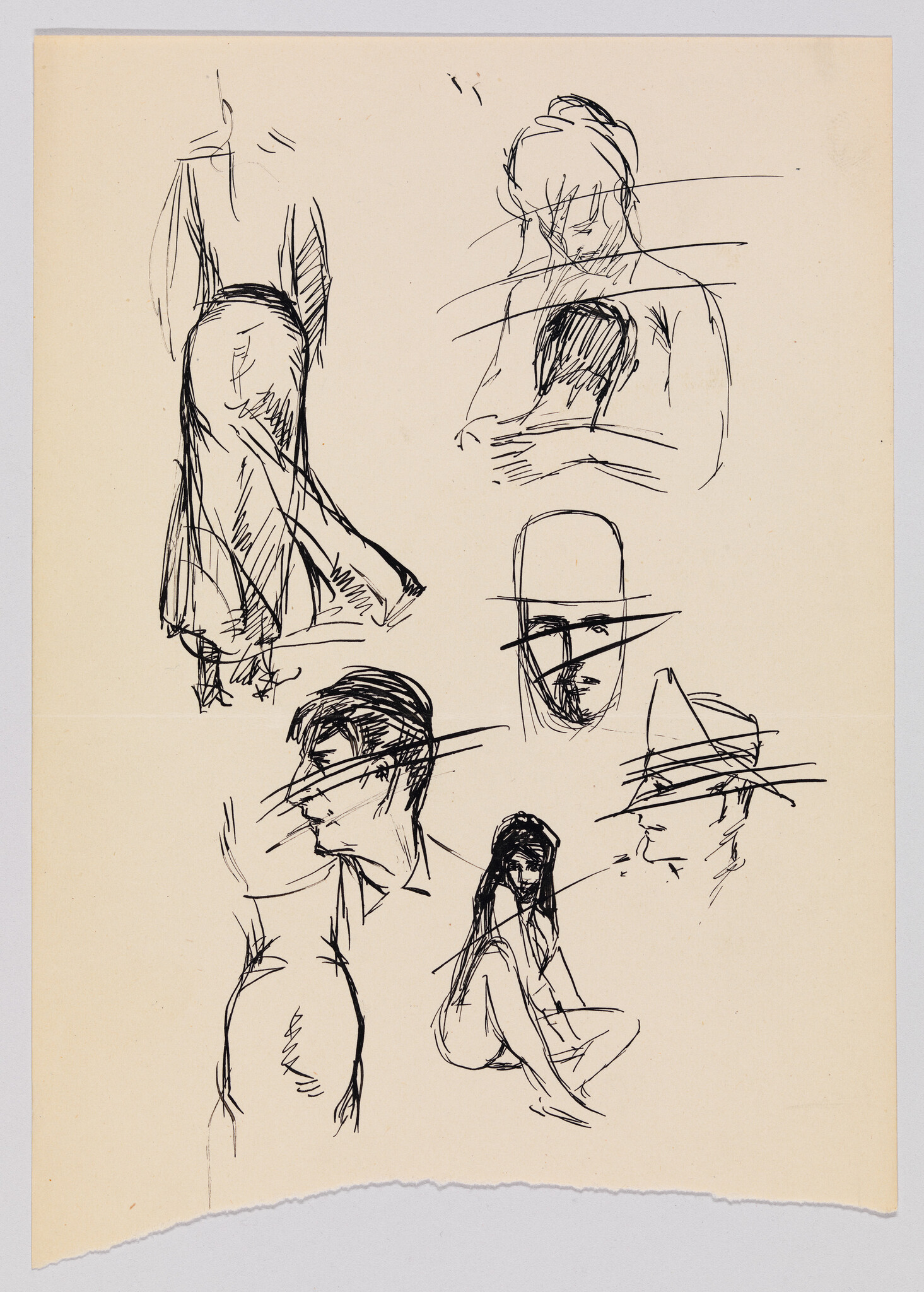 Loose ink sketches of several human figures and head studies on cream-colored paper.
