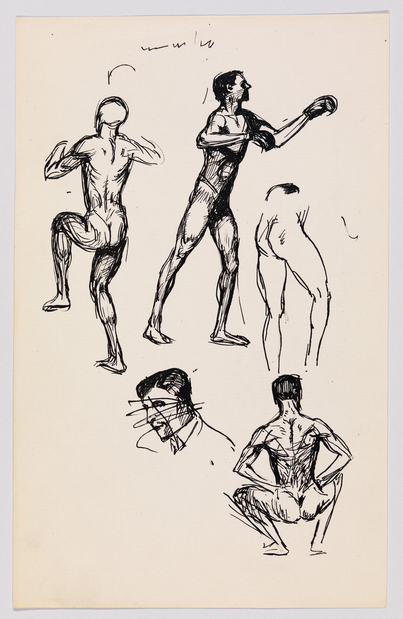 Rough ink sketches of male figures in various standing, squatting, and boxing-like poses.