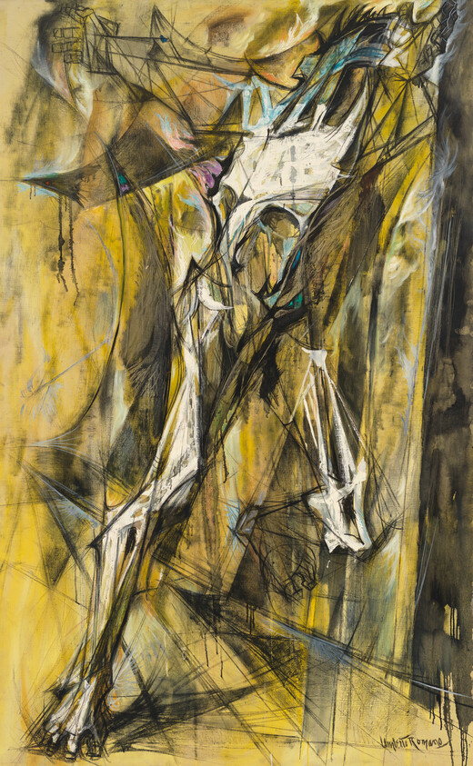 Abstract expressionist painting featuring a dynamic composition of angular, skeletal figures and forms in white and black, set against a textured yellow and brown background with gestural black lines and splashes of color. The artwork conveys a sense of movement and chaos.