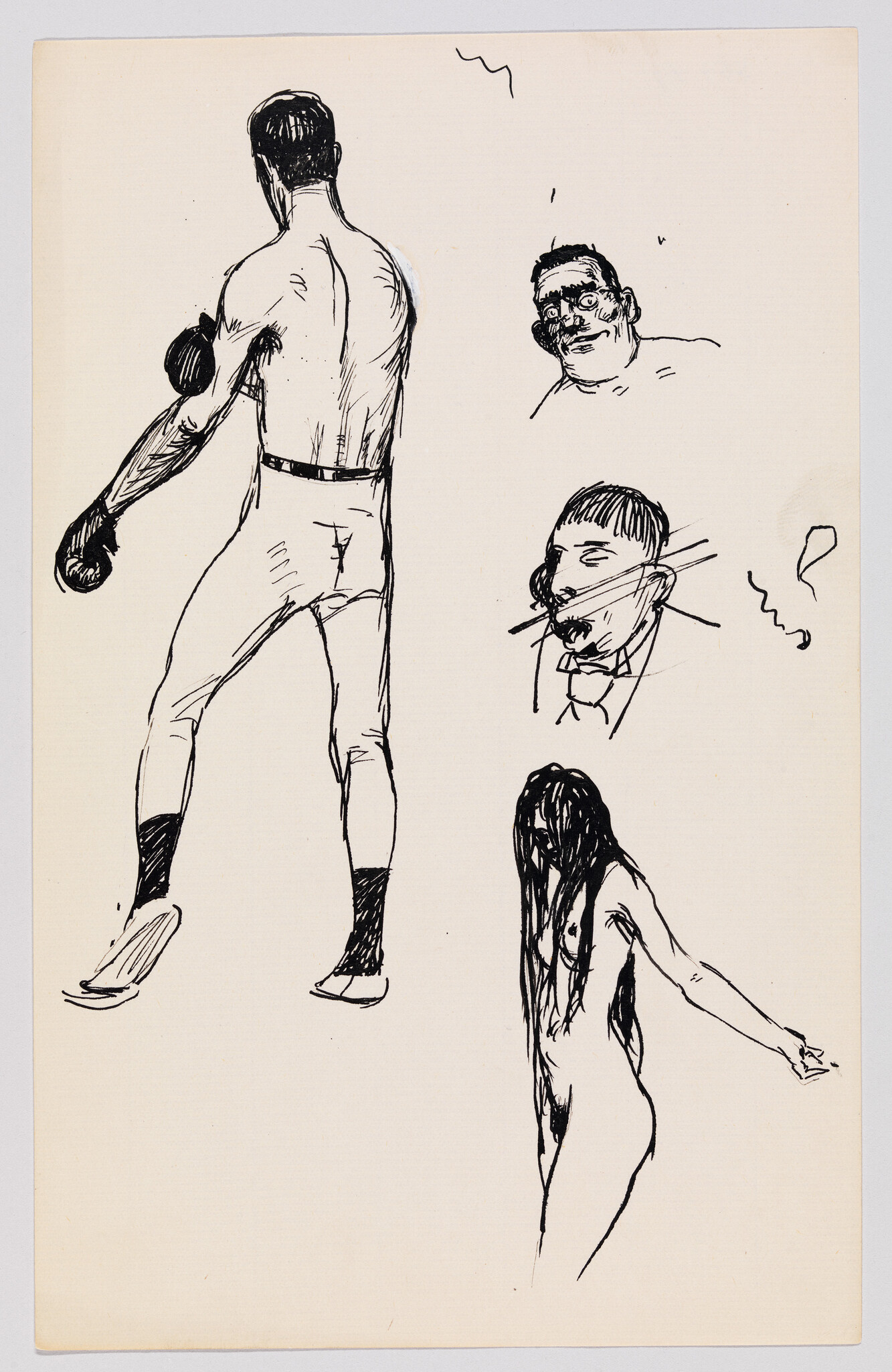 Several ink sketches showing a boxer standing from behind, three head studies, and a nude woman.