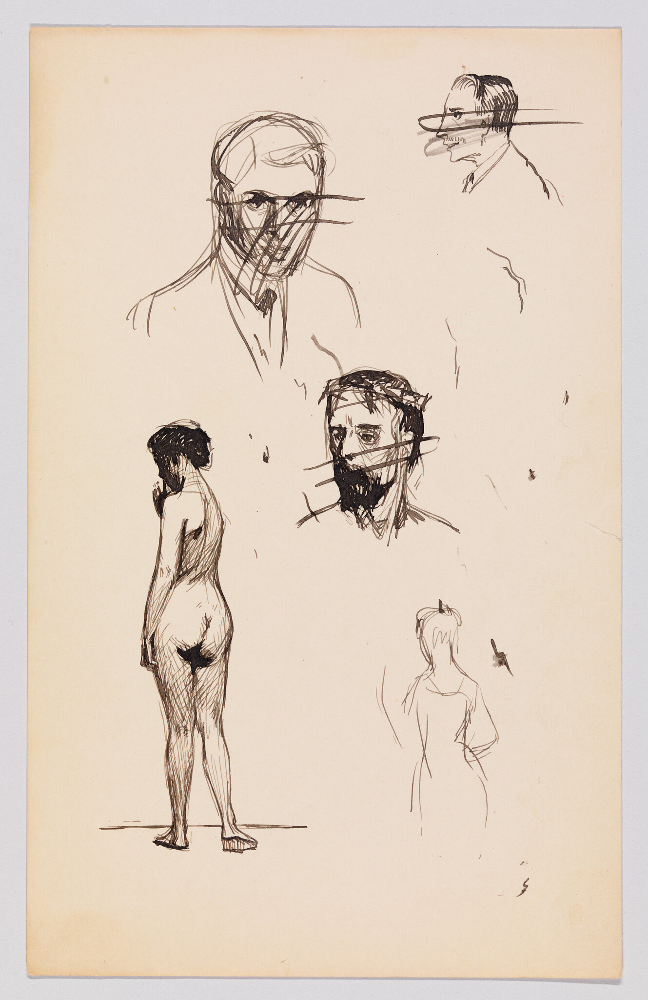 Ink sketches of several male heads and a nude woman standing with her hand near her face.