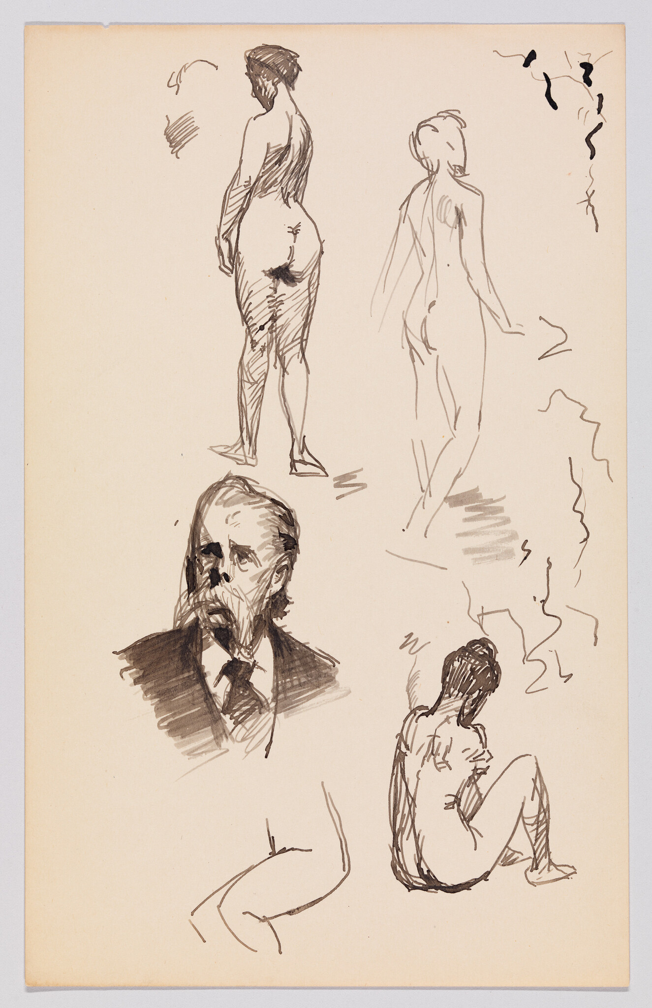 Several quick ink studies show three nude figure poses and a bearded man's portrait.