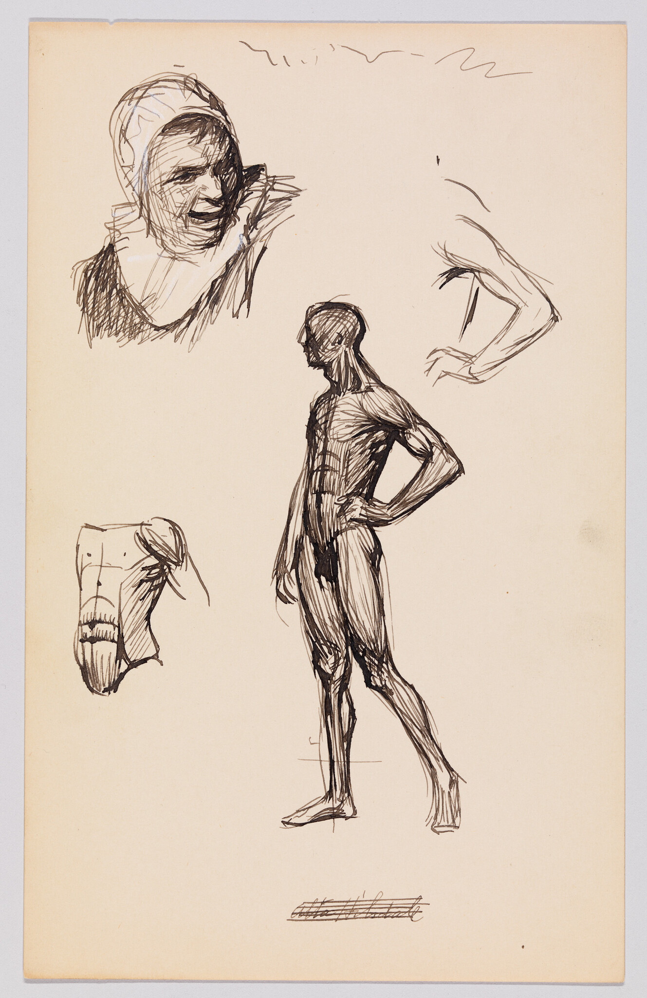 A standing male figure with hand on hip surrounded by loose head, arm, and torso studies.