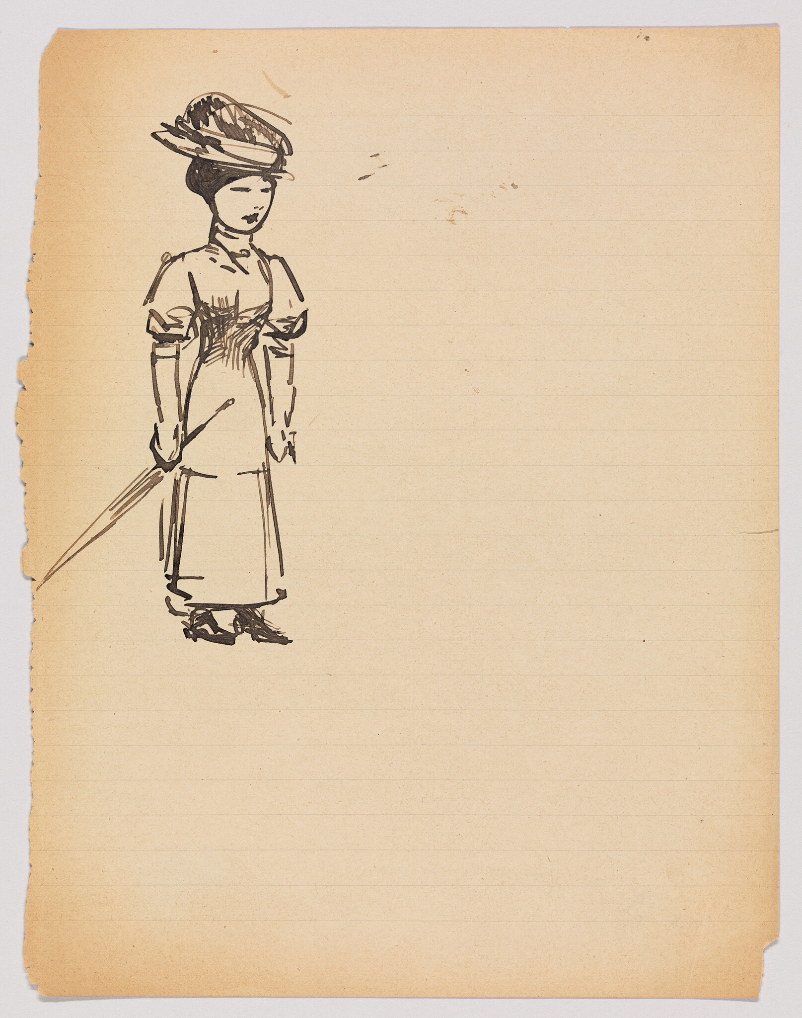 A simple pen sketch of a woman in a long dress and large hat holding a parasol.