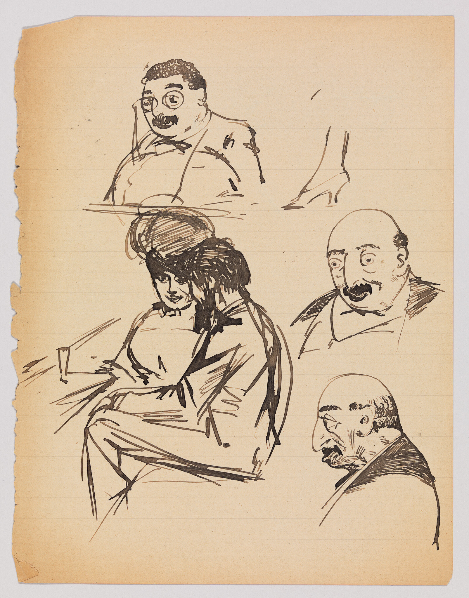 Pen sketches show three men and a seated couple in loose expressive lines on aged paper.