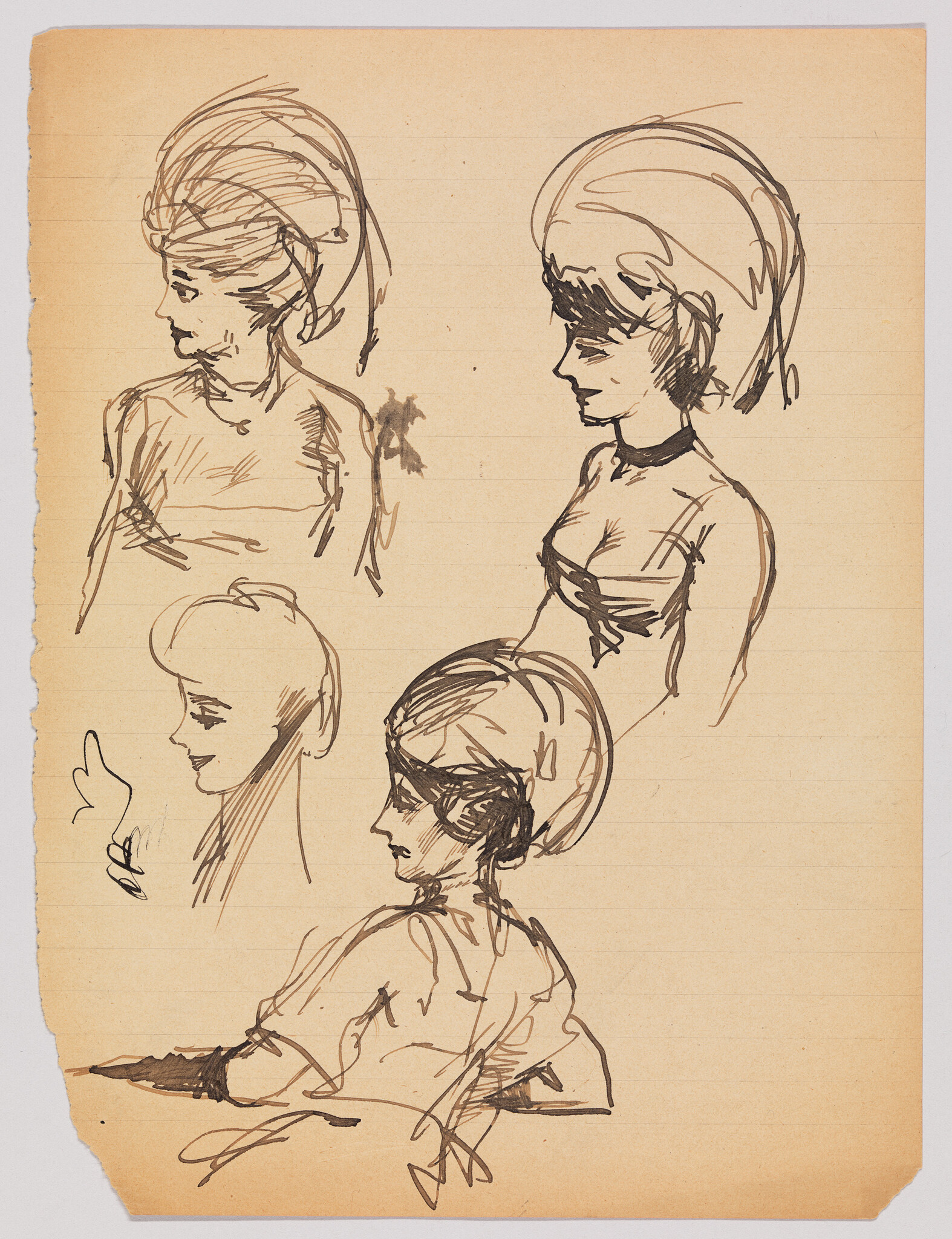 Four ink sketches of women with tall beehive hairstyles on aged lined paper.