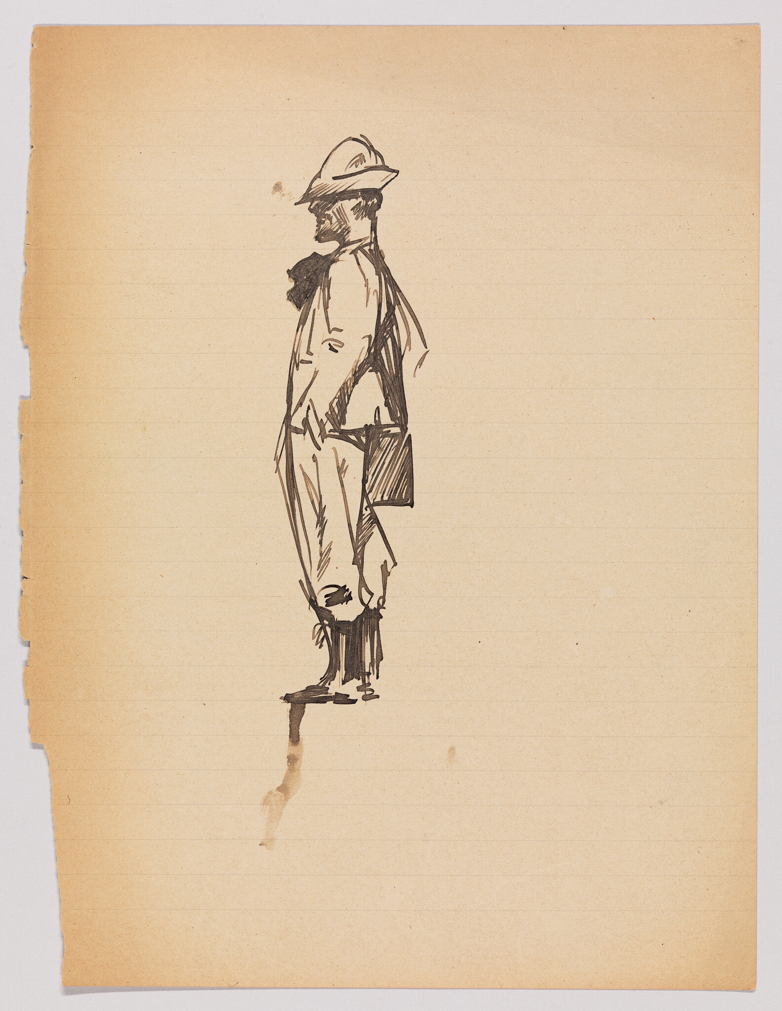 A pen sketch of a man wearing a hat and carrying a satchel, standing in profile.