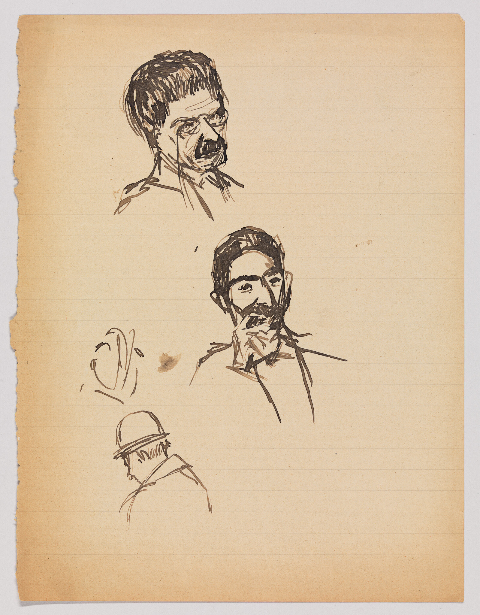Four quick ink sketches of men's heads, including two bearded faces and one wearing a hat.