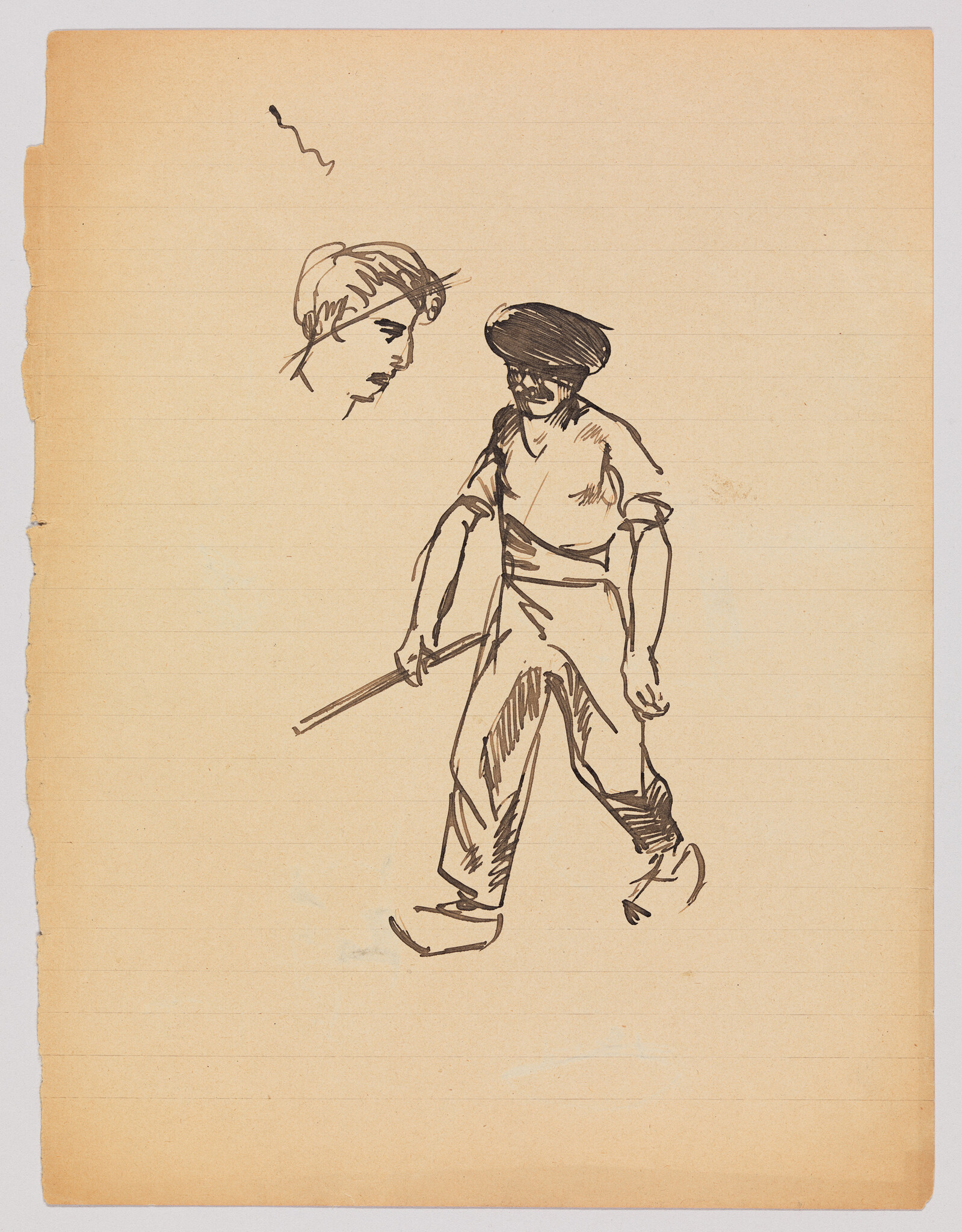 A man in a cap walks with a stick across lined paper, with a separate head sketch above.