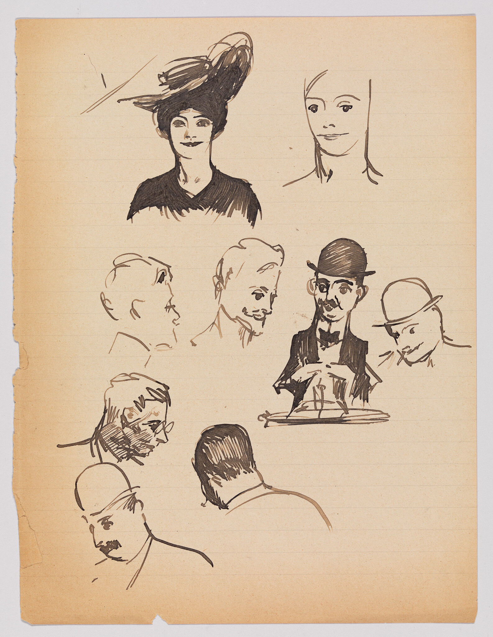 Multiple ink sketches of men and women in hats and varied head positions on lined paper.