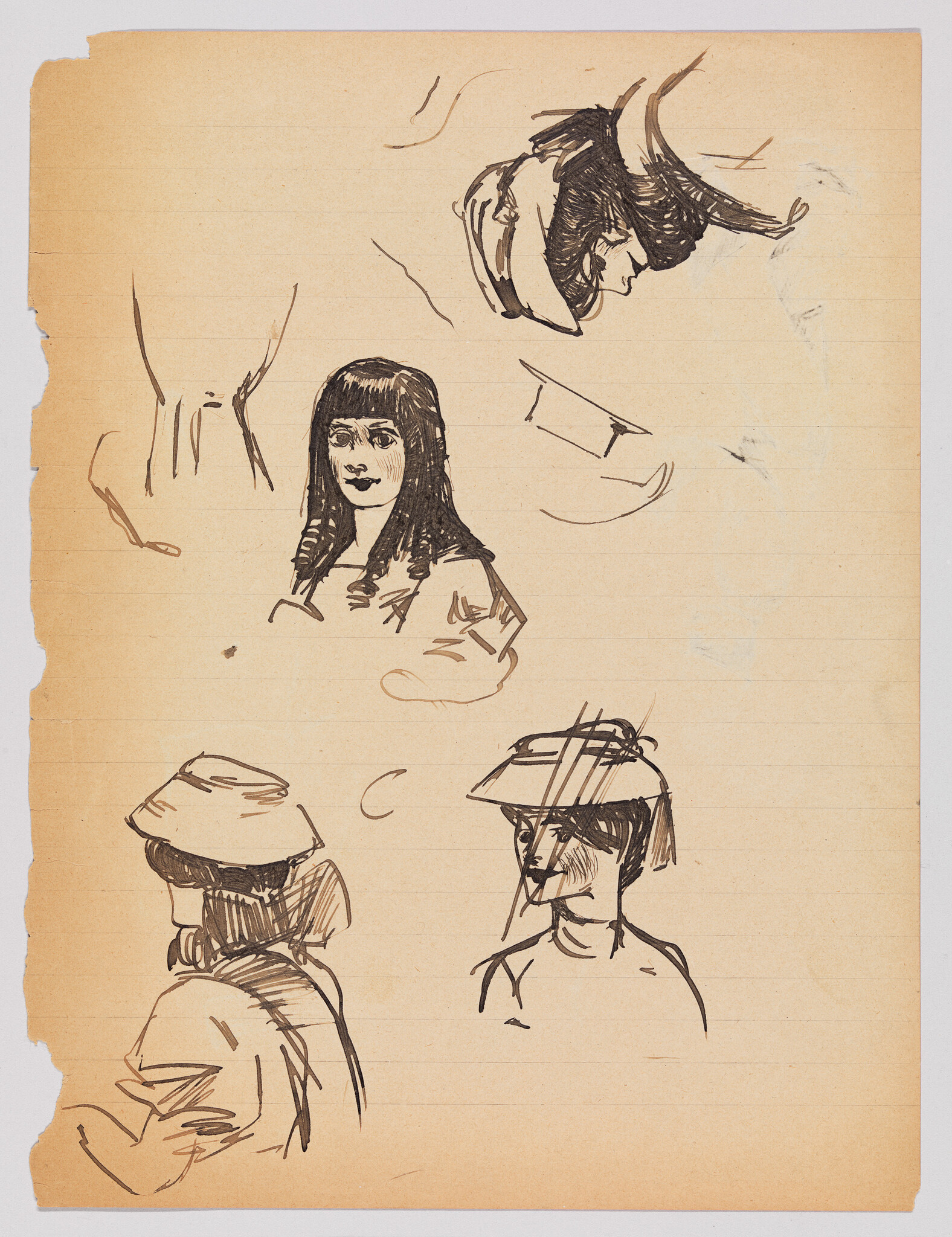 Several ink sketches of women’s heads and hats drawn on aged lined paper.