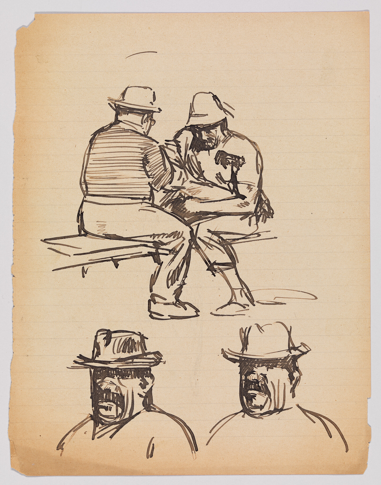 Two men wearing hats sit and talk on a bench, with two close-up head sketches below.