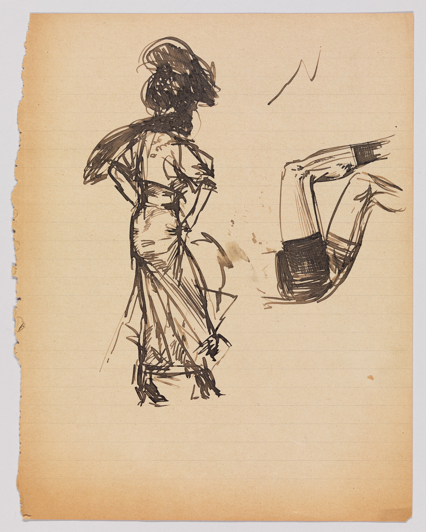 A pen sketch of a woman in a long dress standing with hands on hips, and separate bent legs.