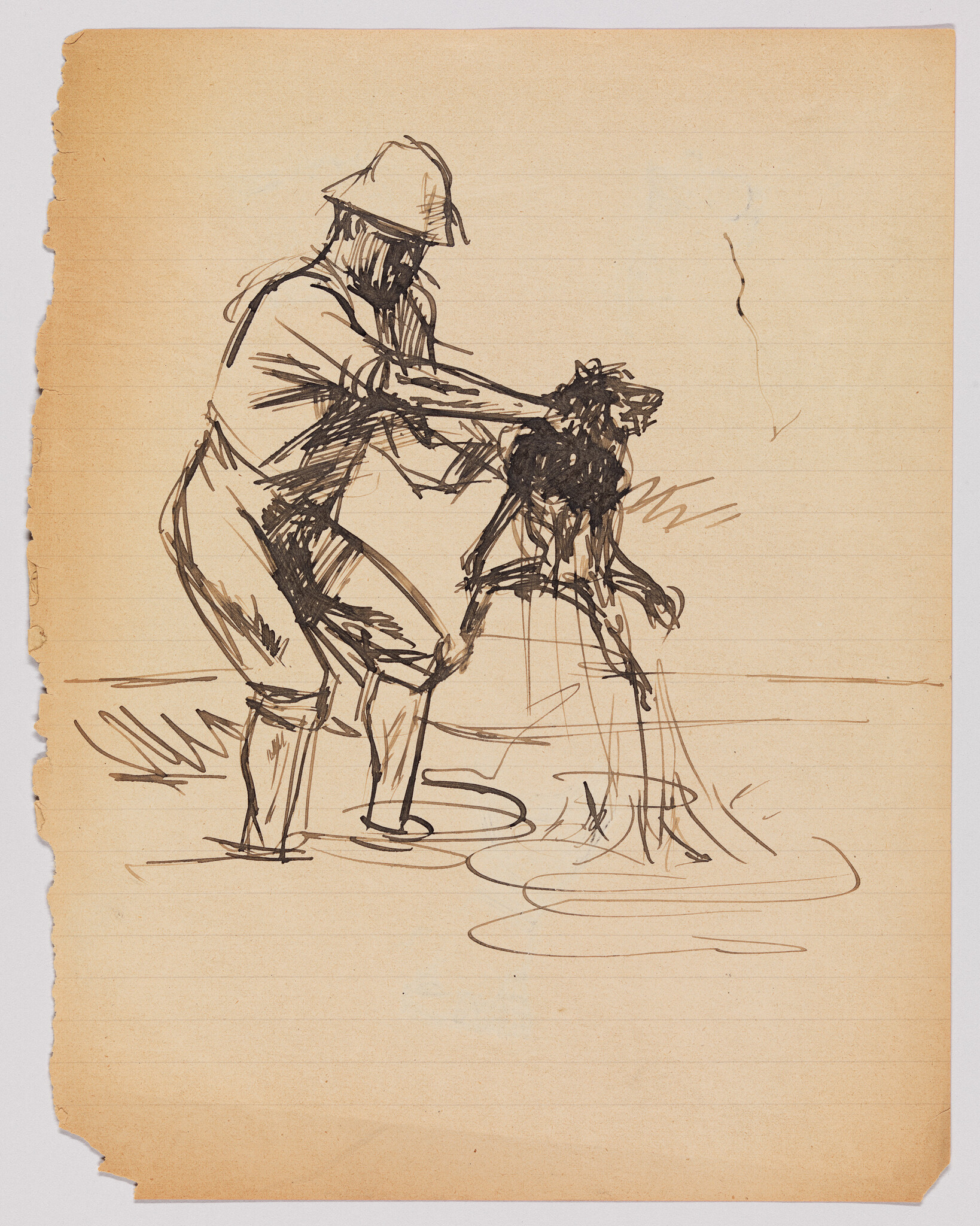 A person in boots holding a struggling dog above shallow water.