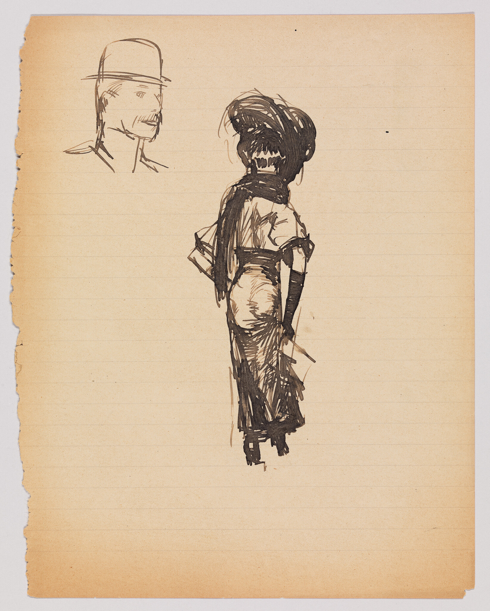 A pen sketch of a woman wearing a large hat and long dress seen from behind.