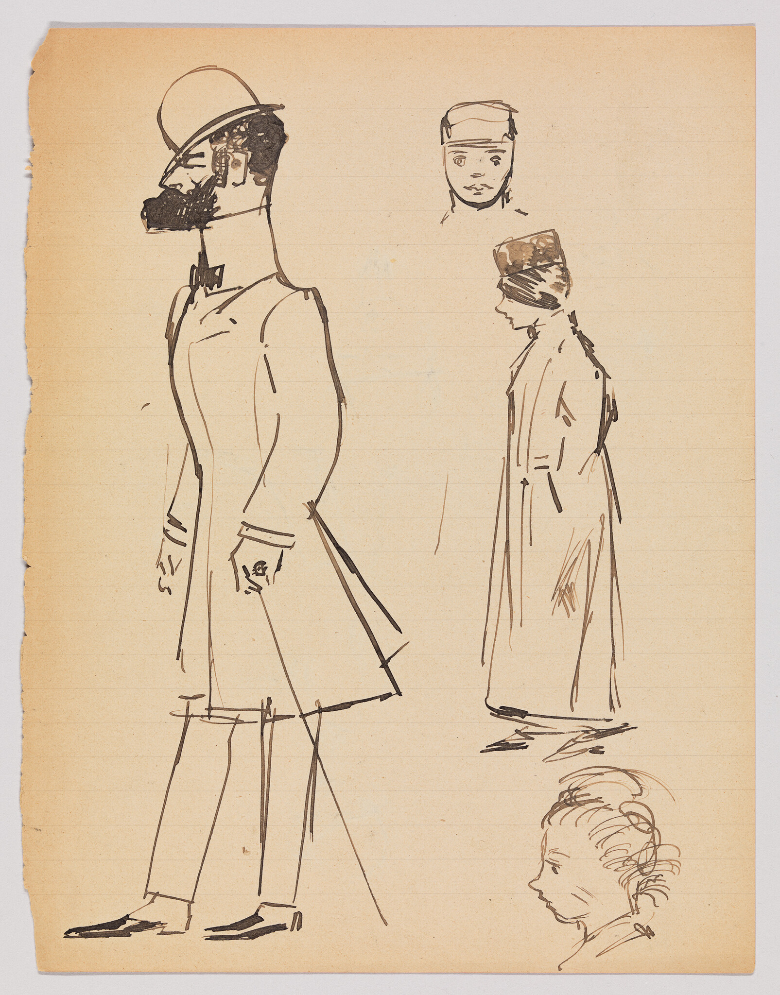 A tall bearded man in a long coat and bowler hat walking past smaller head sketches.