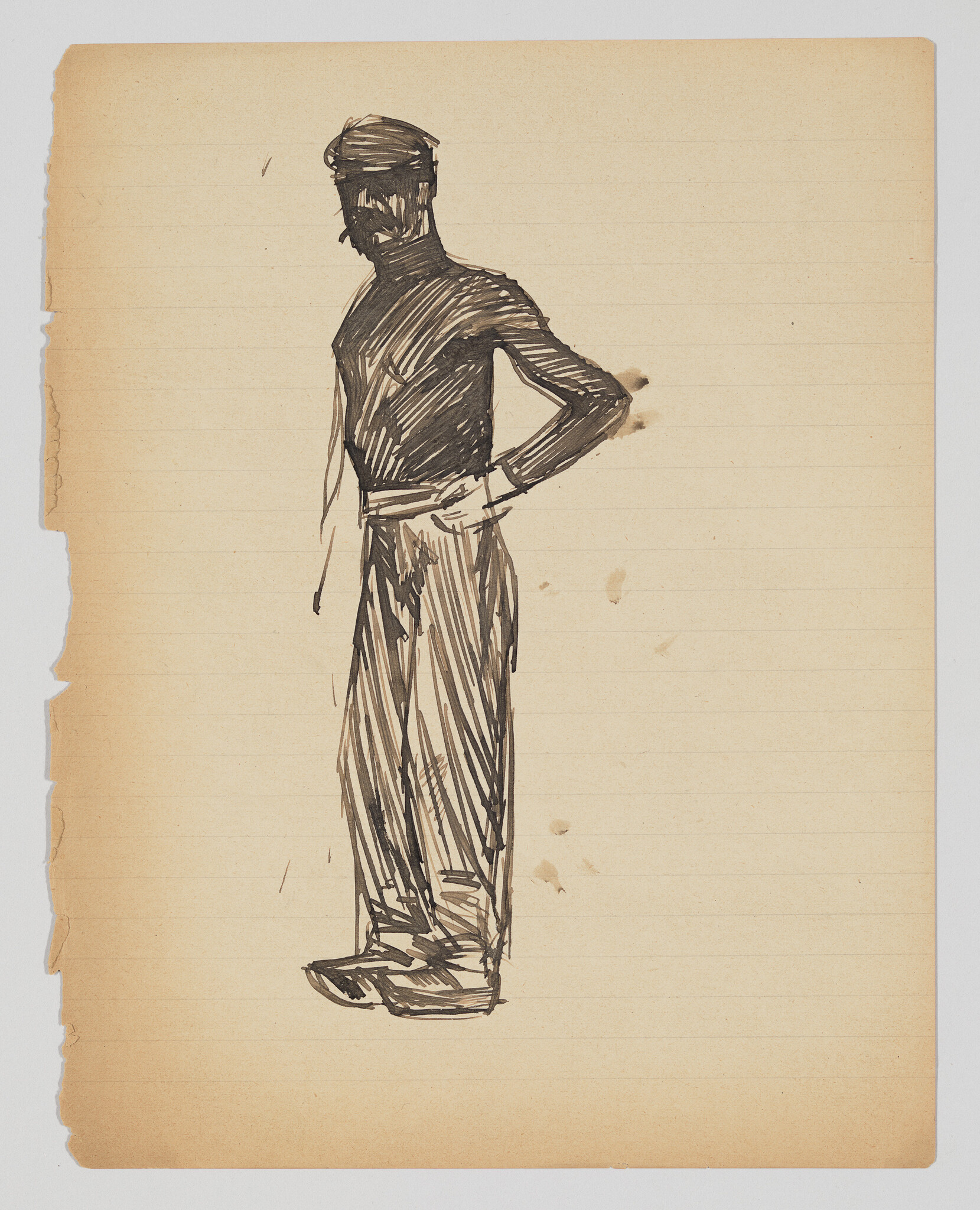 A pen sketch shows a standing man with one hand on his hip on lined paper.