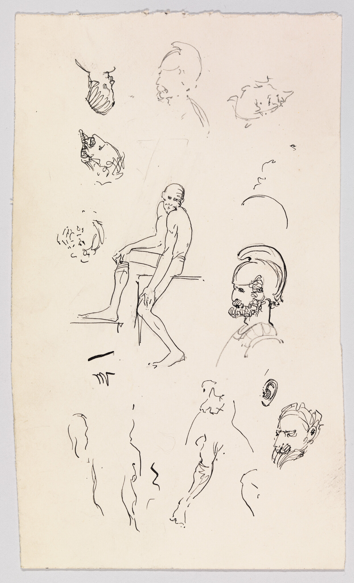Several quick ink sketches showing a seated nude man adjusting his leg and various head studies.