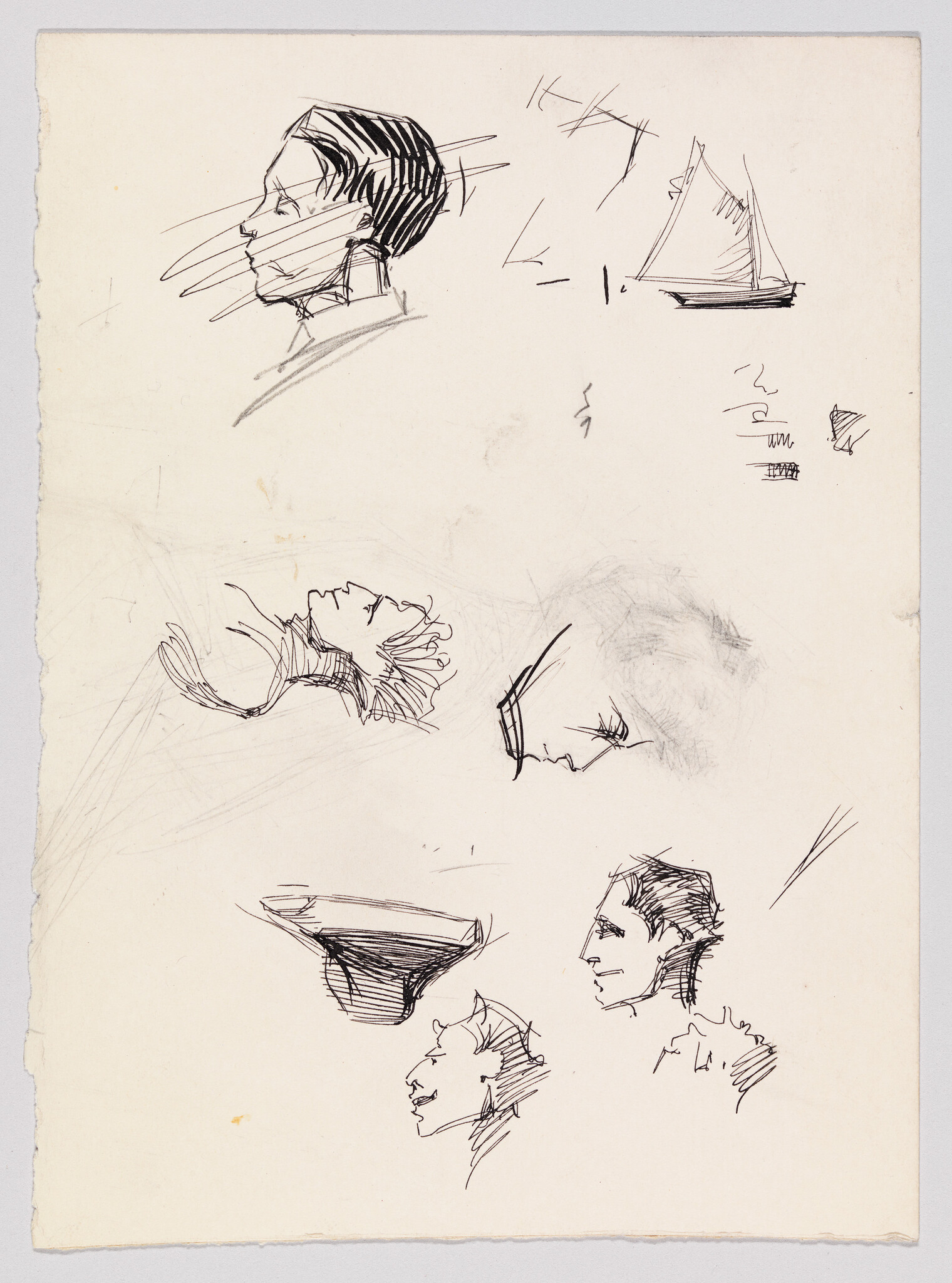 Sheet with several quick ink profile sketches of heads and a small sailboat.
