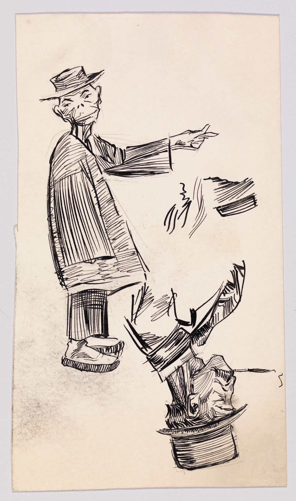 A sketch of a thin man in a hat pointing with a second upside-down portrait beside him.
